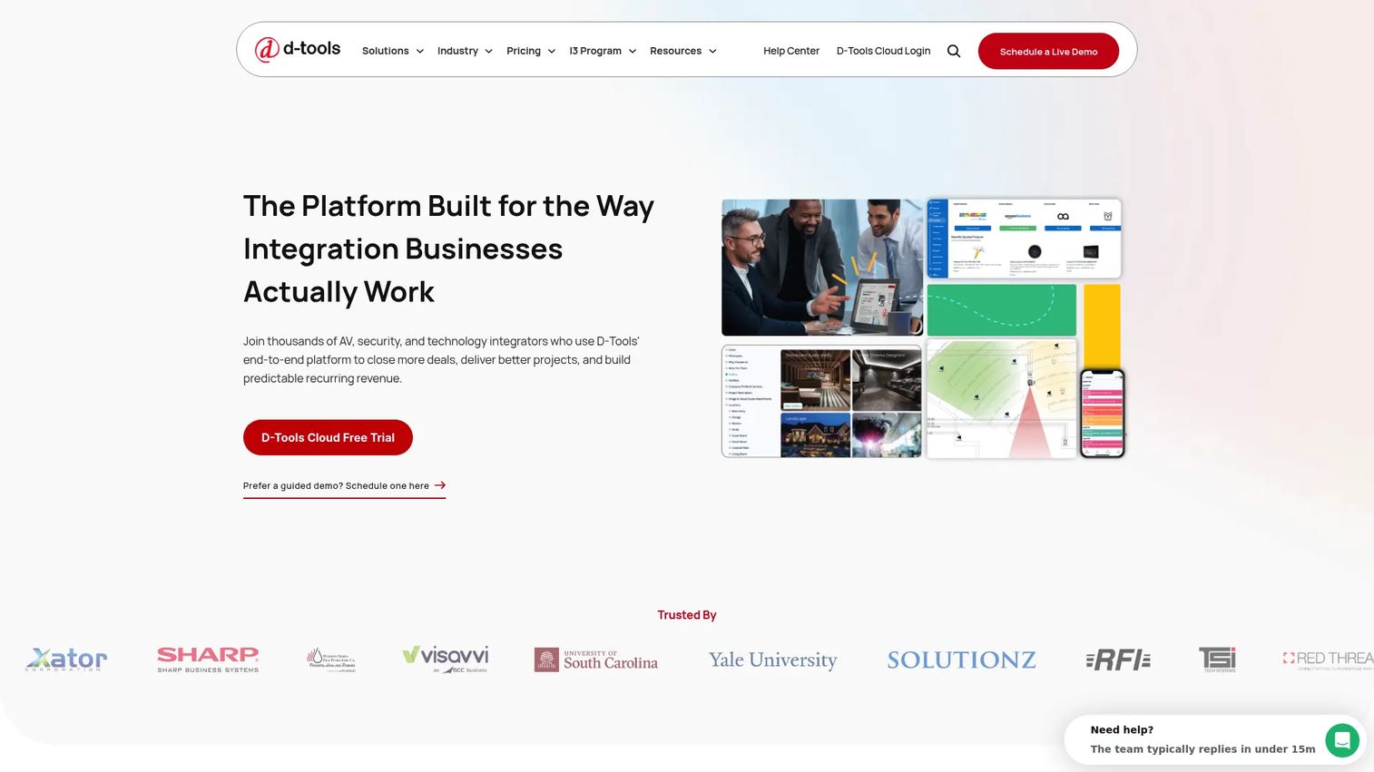 D-Tools homepage showing quoting and project management software for integrators