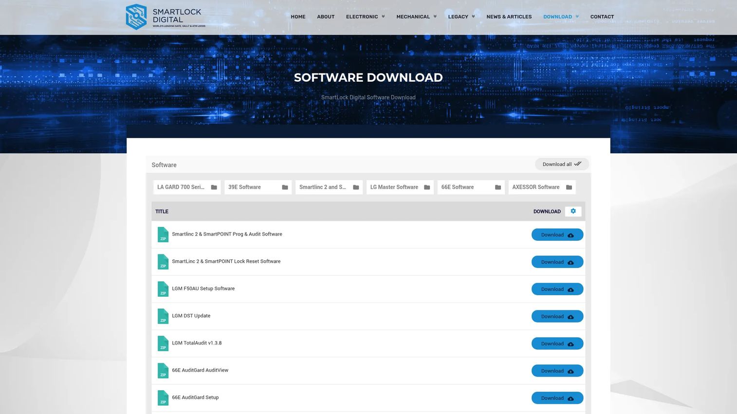 SmartLock Digital software download hub showing safe and vault lock software downloads