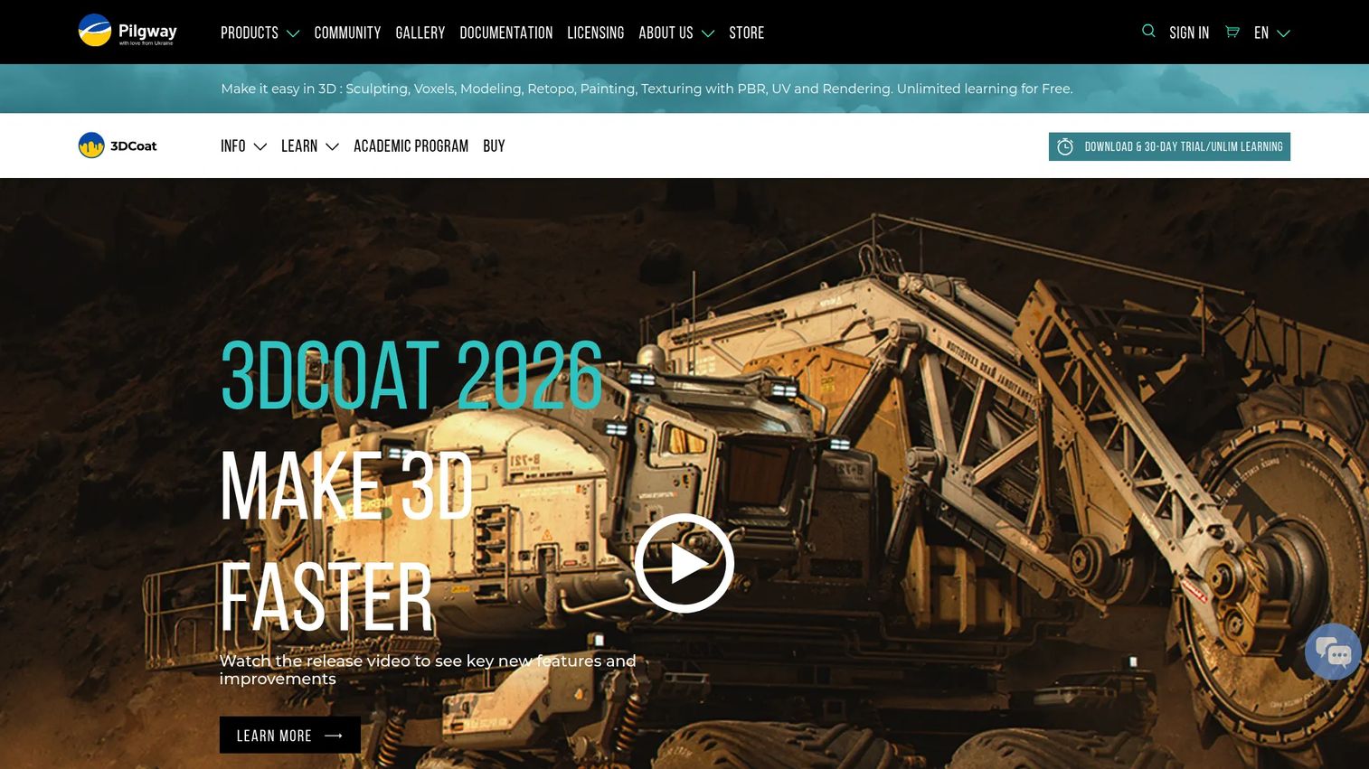 3DCoat homepage showing sculpting, retopology, UV, and texturing software