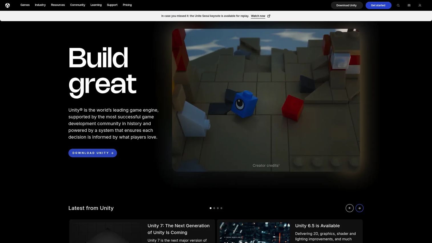 Unity real-time 3D development platform homepage