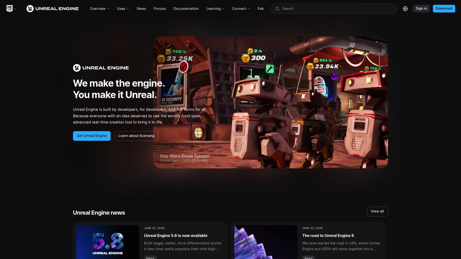 Unreal Engine homepage showing real-time 3D creation tools