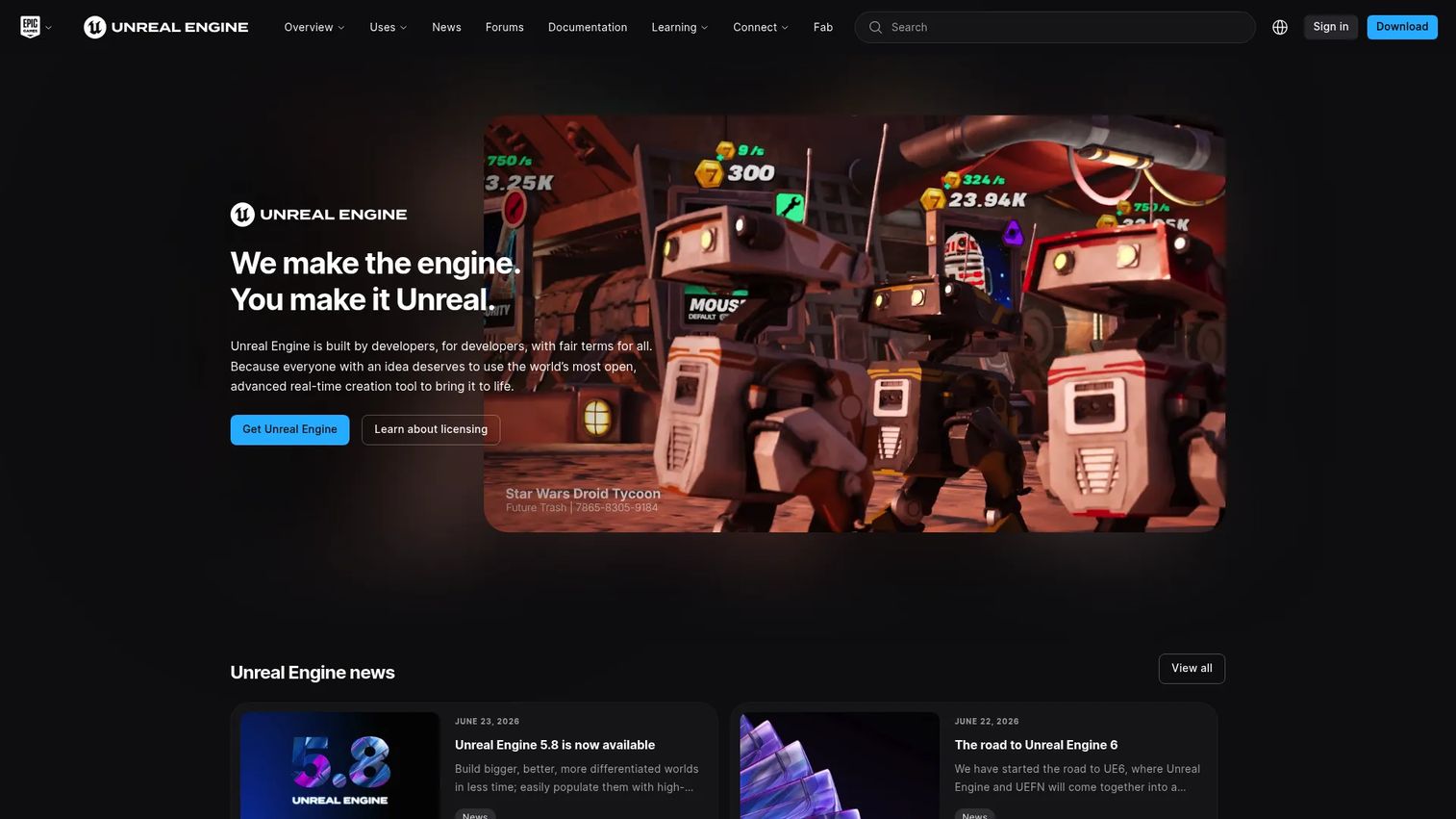Unreal Engine real-time 3D creation platform homepage