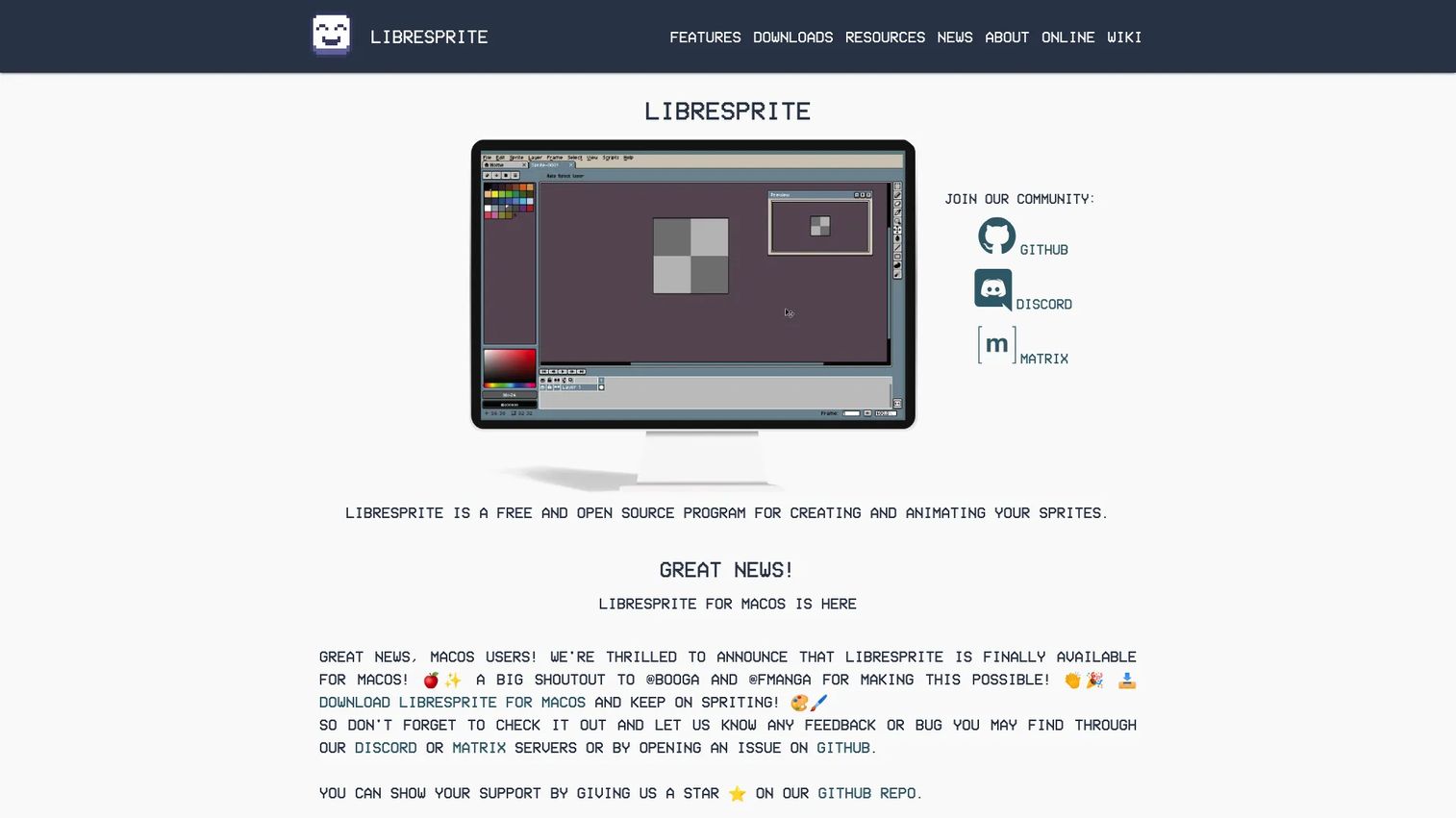 LibreSprite open-source sprite editor landing page