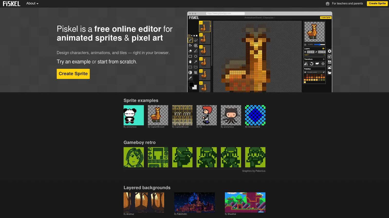 Piskel browser-based sprite editor interface with frames and live preview
