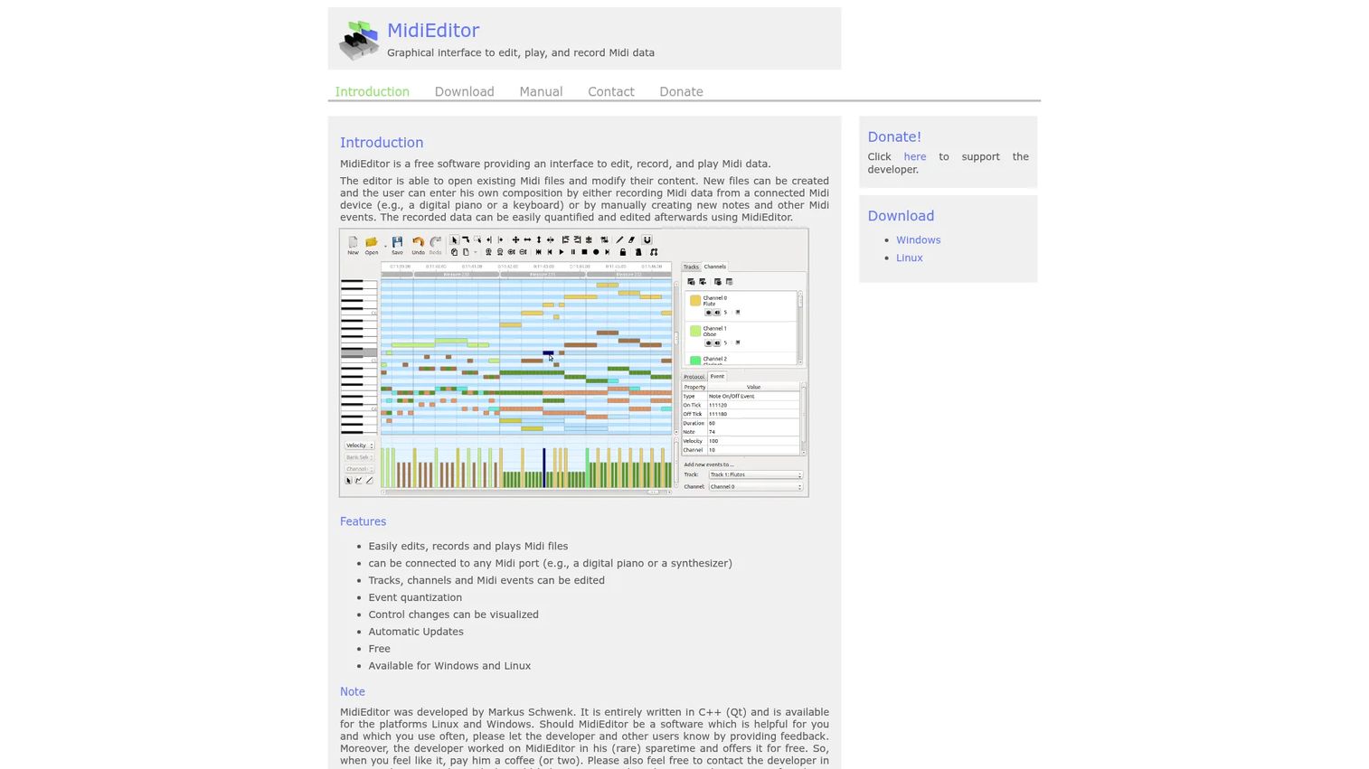 MidiEditor homepage showing the free MIDI editor interface and download options