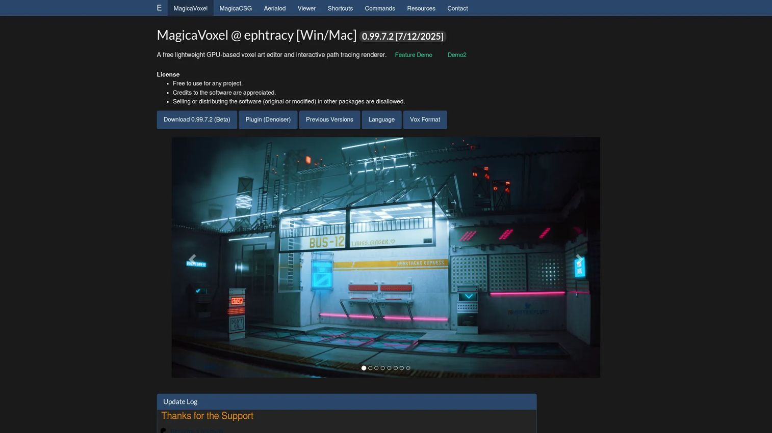 MagicaVoxel homepage showing voxel art examples and download links