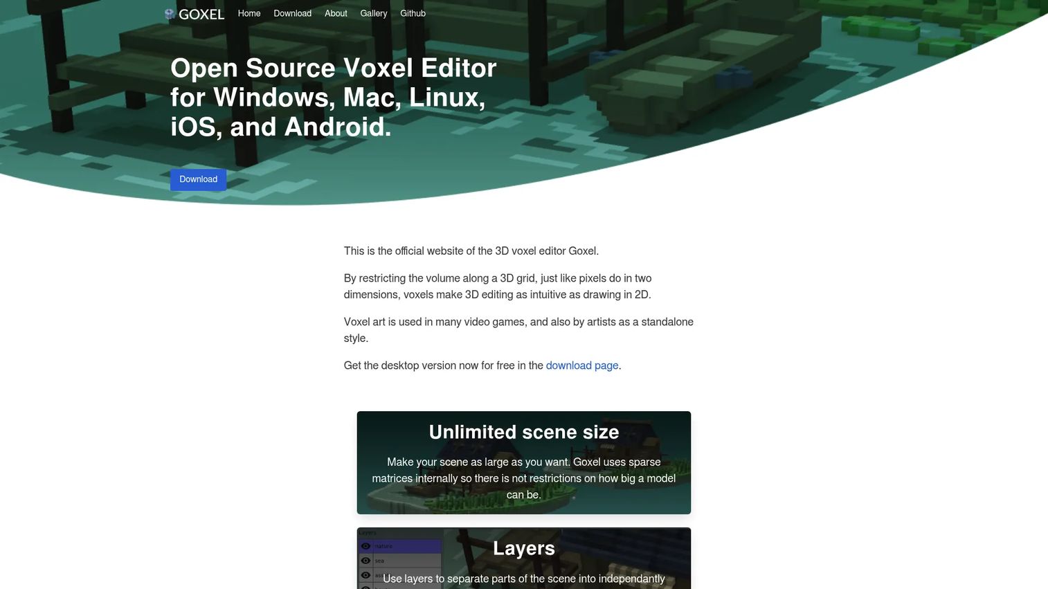 Goxel homepage showing the open-source voxel editor interface