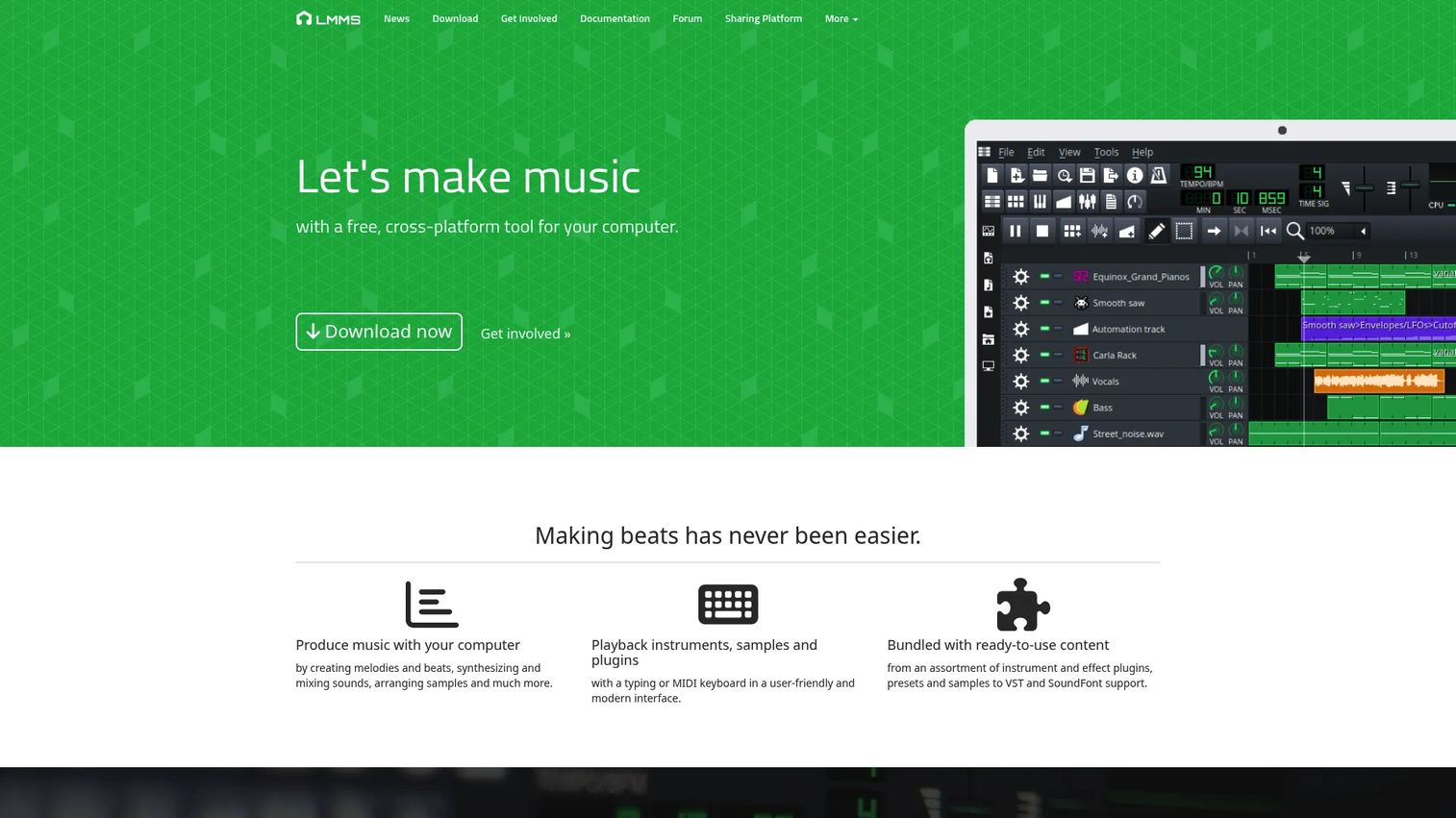 LMMS open-source music production homepage