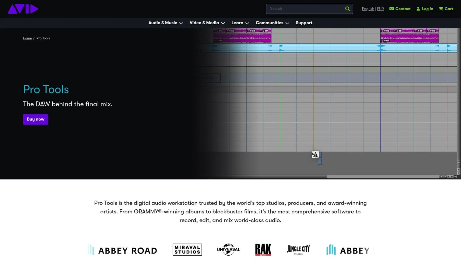 Pro Tools homepage from Avid showing the professional DAW