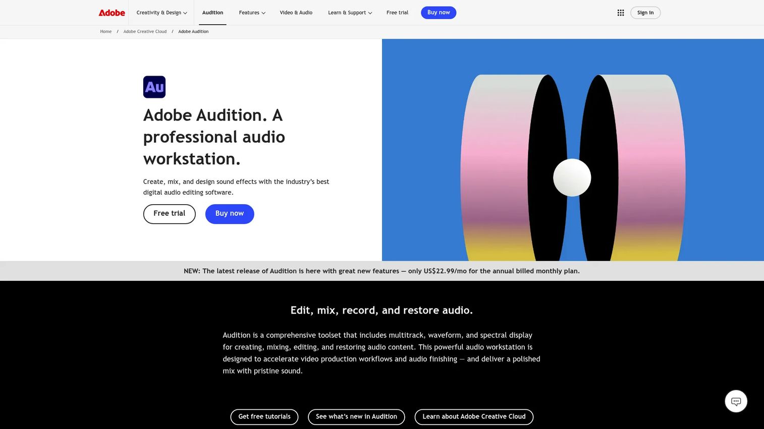Adobe Audition professional audio workstation homepage