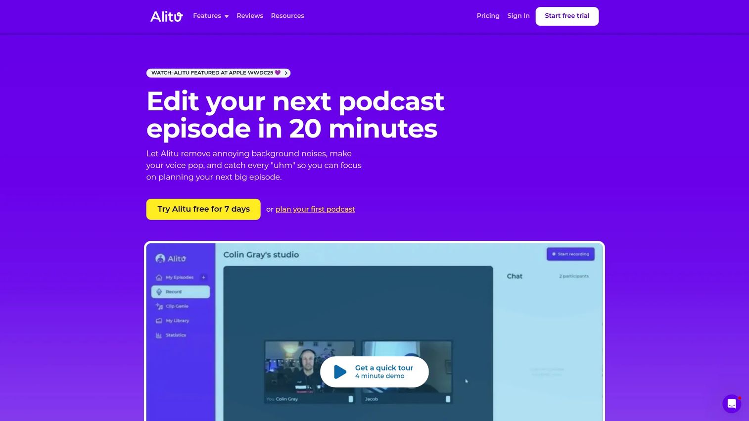 Alitu all-in-one podcast software homepage