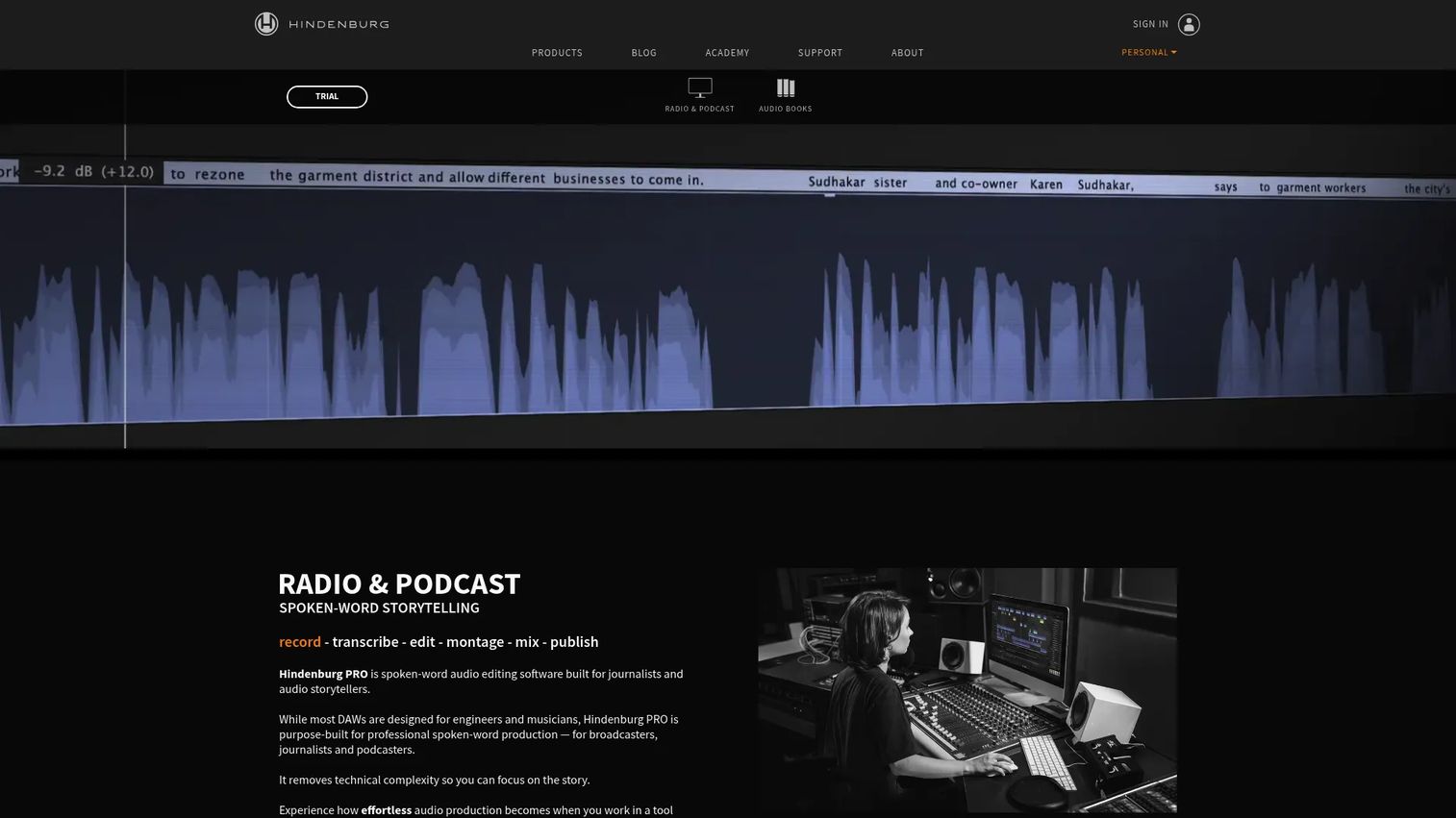 Hindenburg spoken-word audio editing software homepage