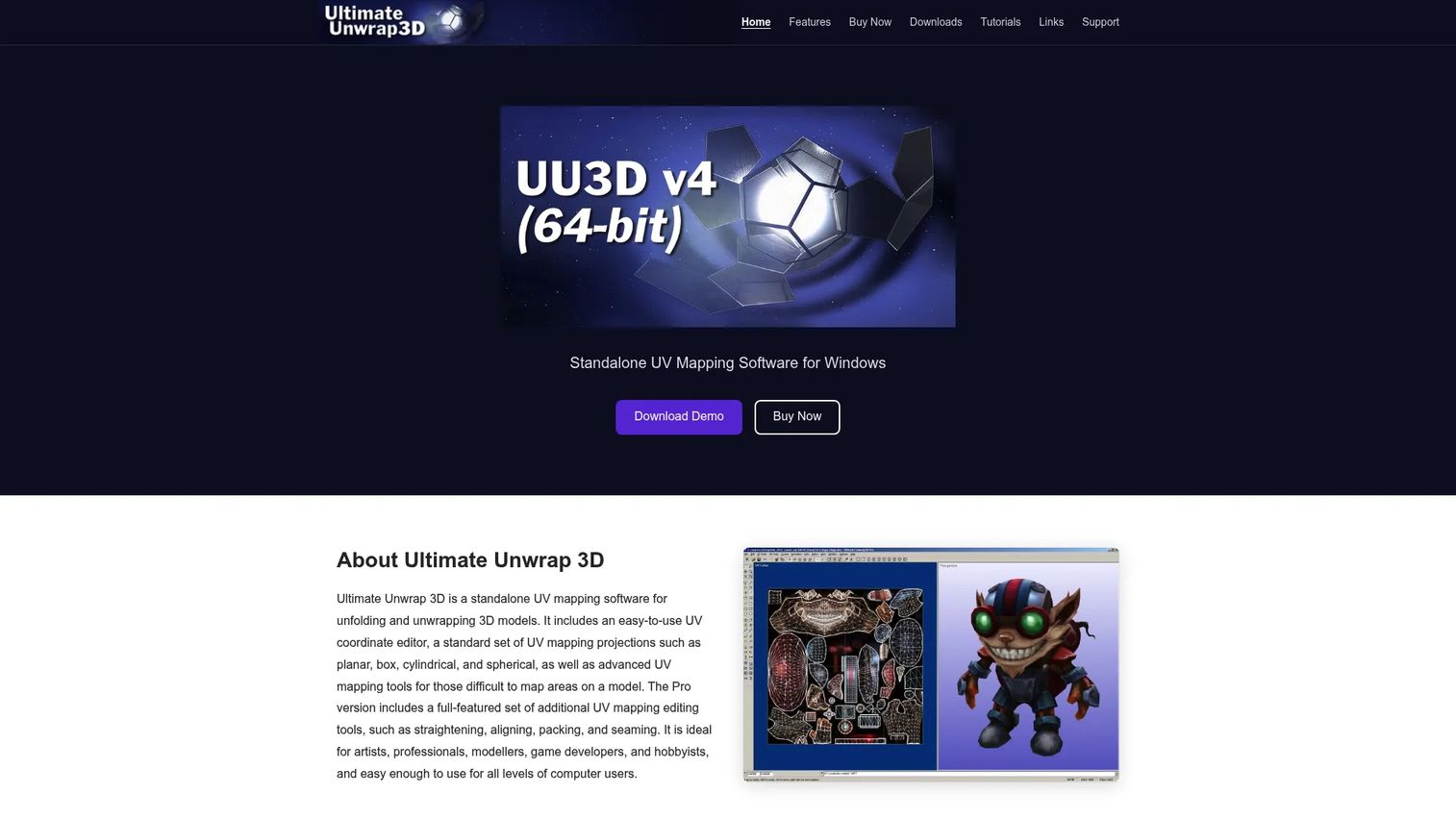 Ultimate Unwrap 3D homepage showing UV editing software