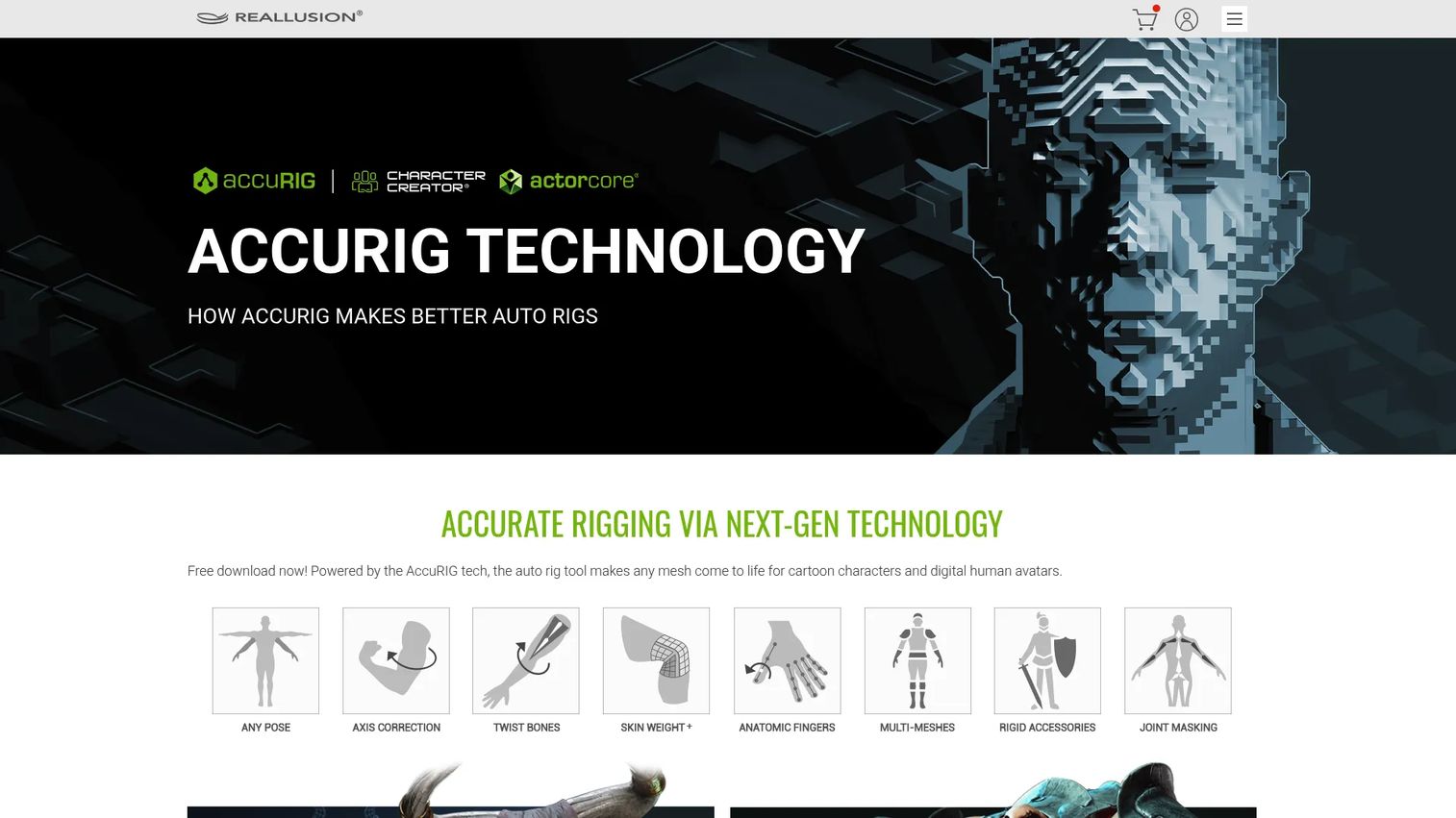 AccuRIG homepage showing free auto-rigging software from Reallusion