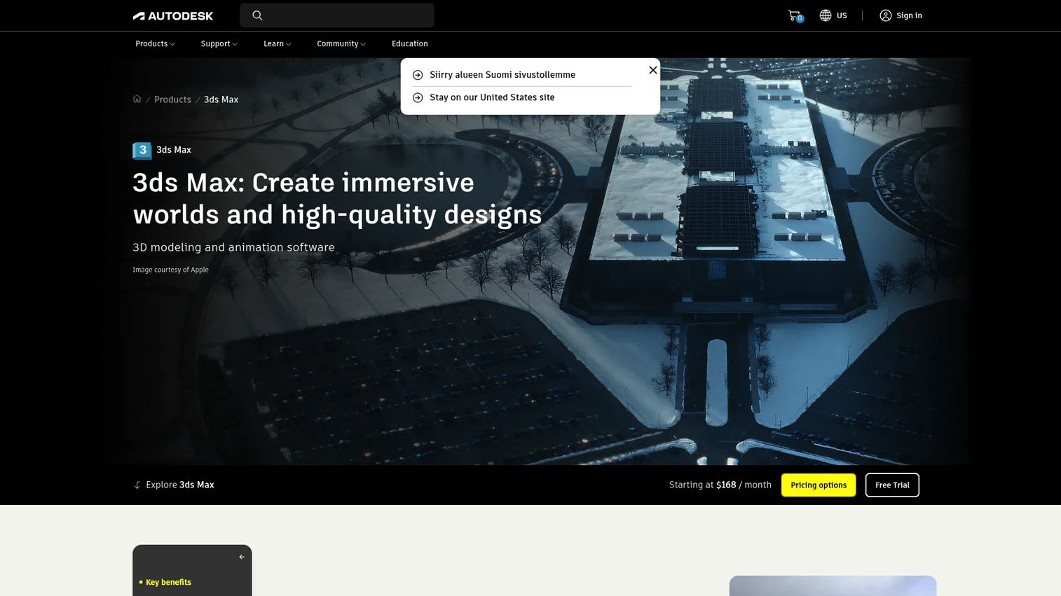 Autodesk 3ds Max product page showing 3D modeling and animation software