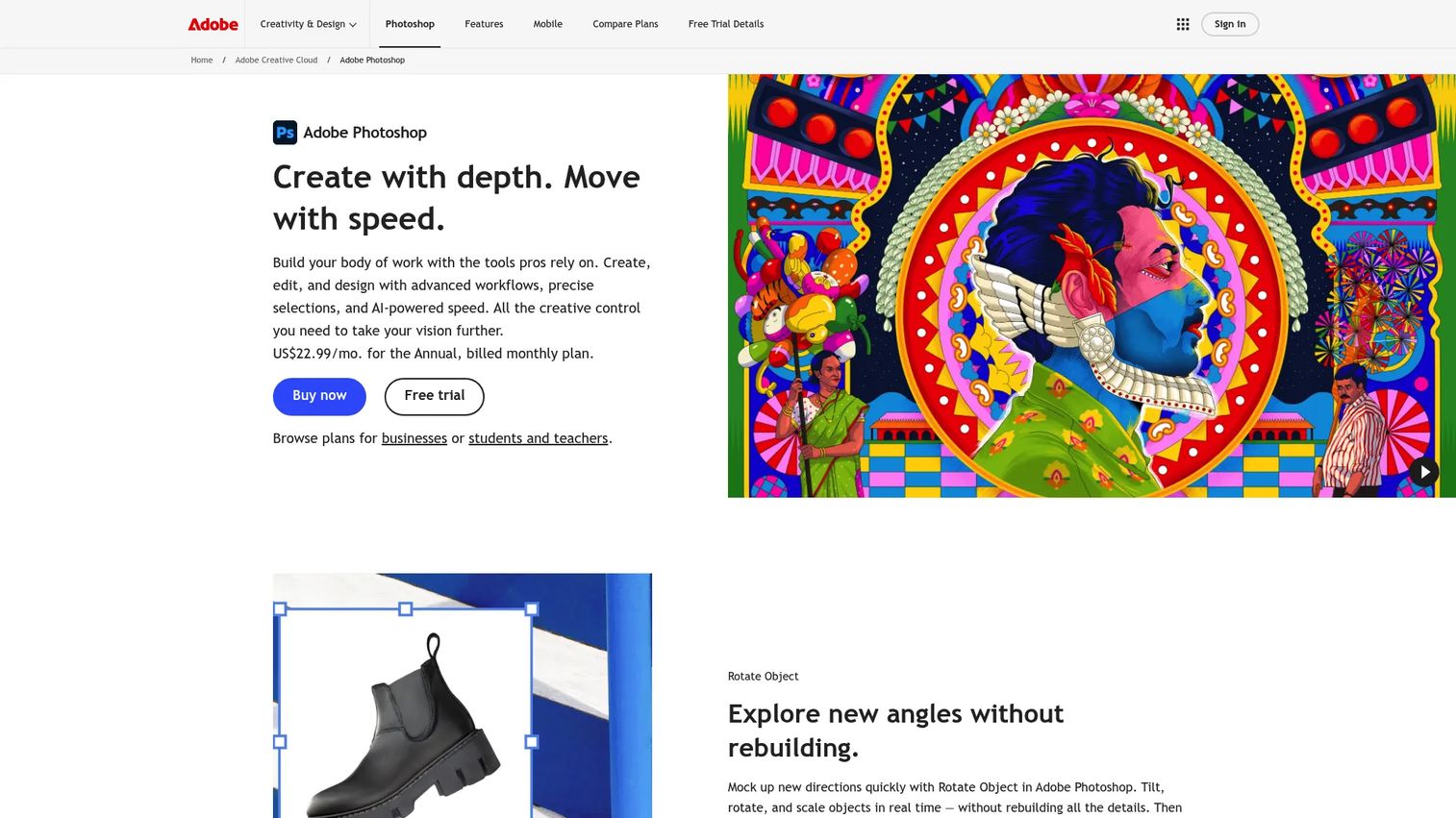 Adobe Photoshop product page showing image editing and design tools