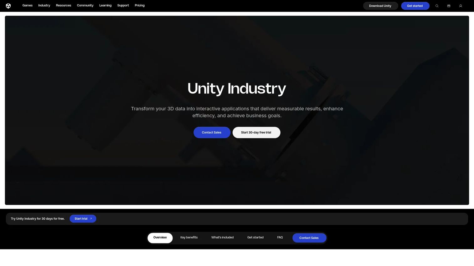 Unity Industry real-time 3D platform homepage