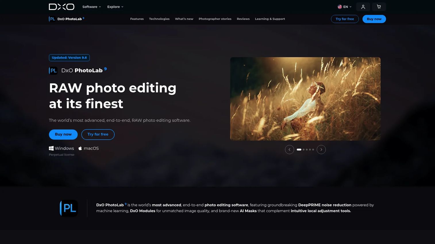 DxO PhotoLab homepage showing RAW editing with DeepPRIME noise reduction
