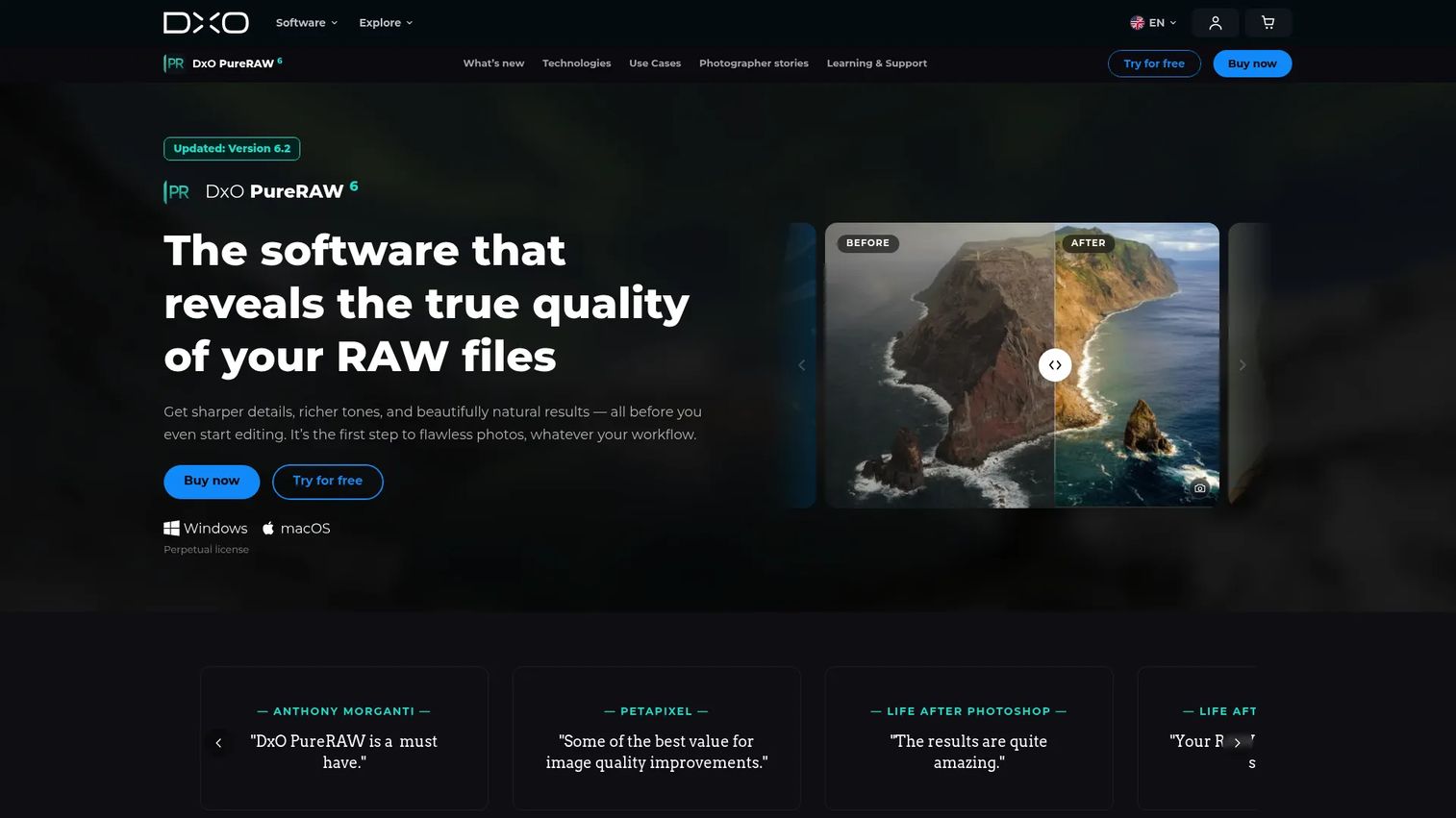 DxO PureRAW homepage showing RAW preprocessing and DeepPRIME denoising