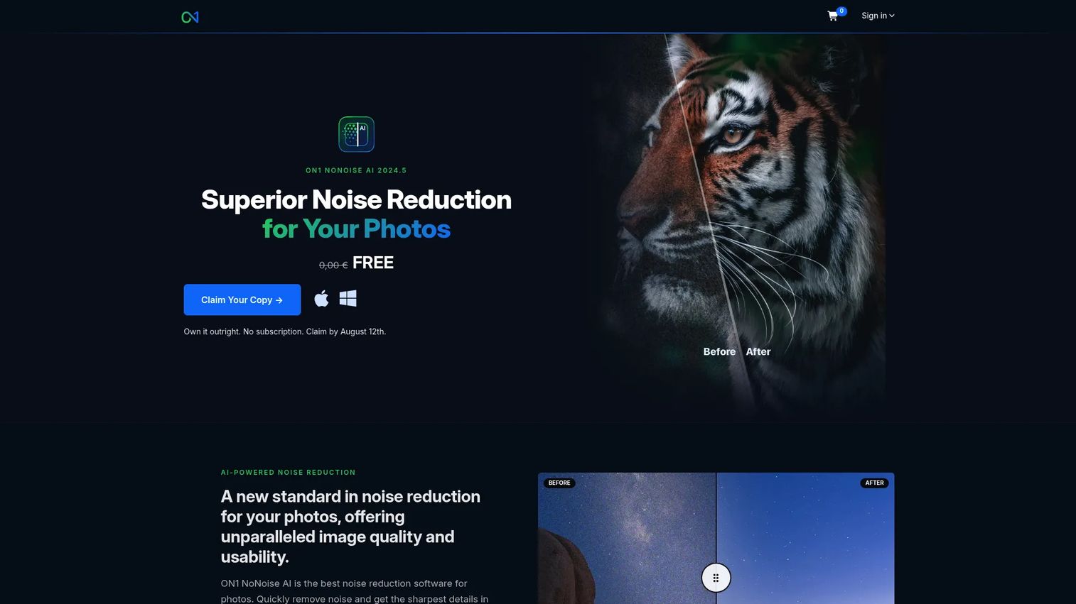 ON1 NoNoise AI homepage showing AI noise reduction and deblurring
