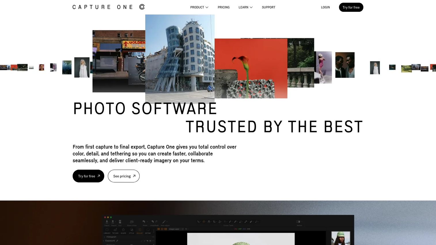Capture One homepage showing professional RAW editing and tethering