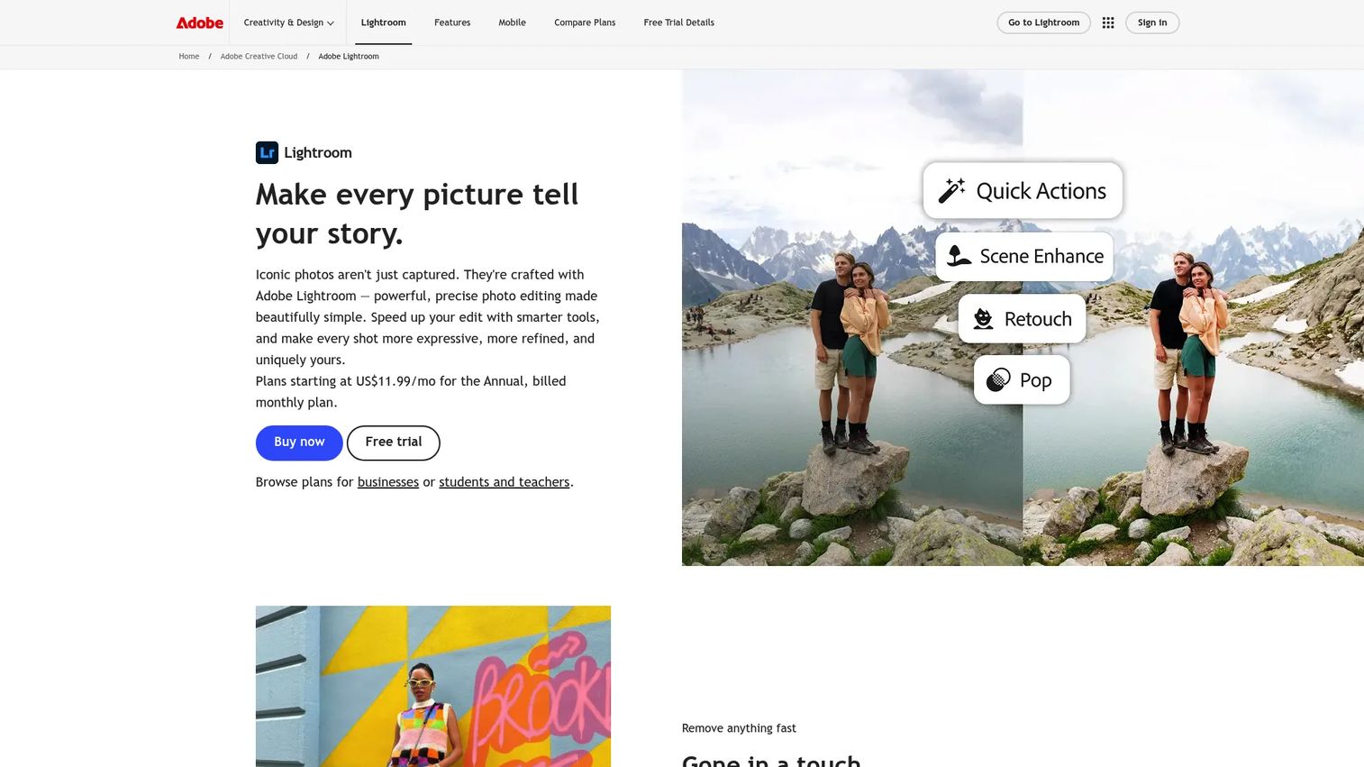 Adobe Lightroom homepage showing photo editing and AI Denoise
