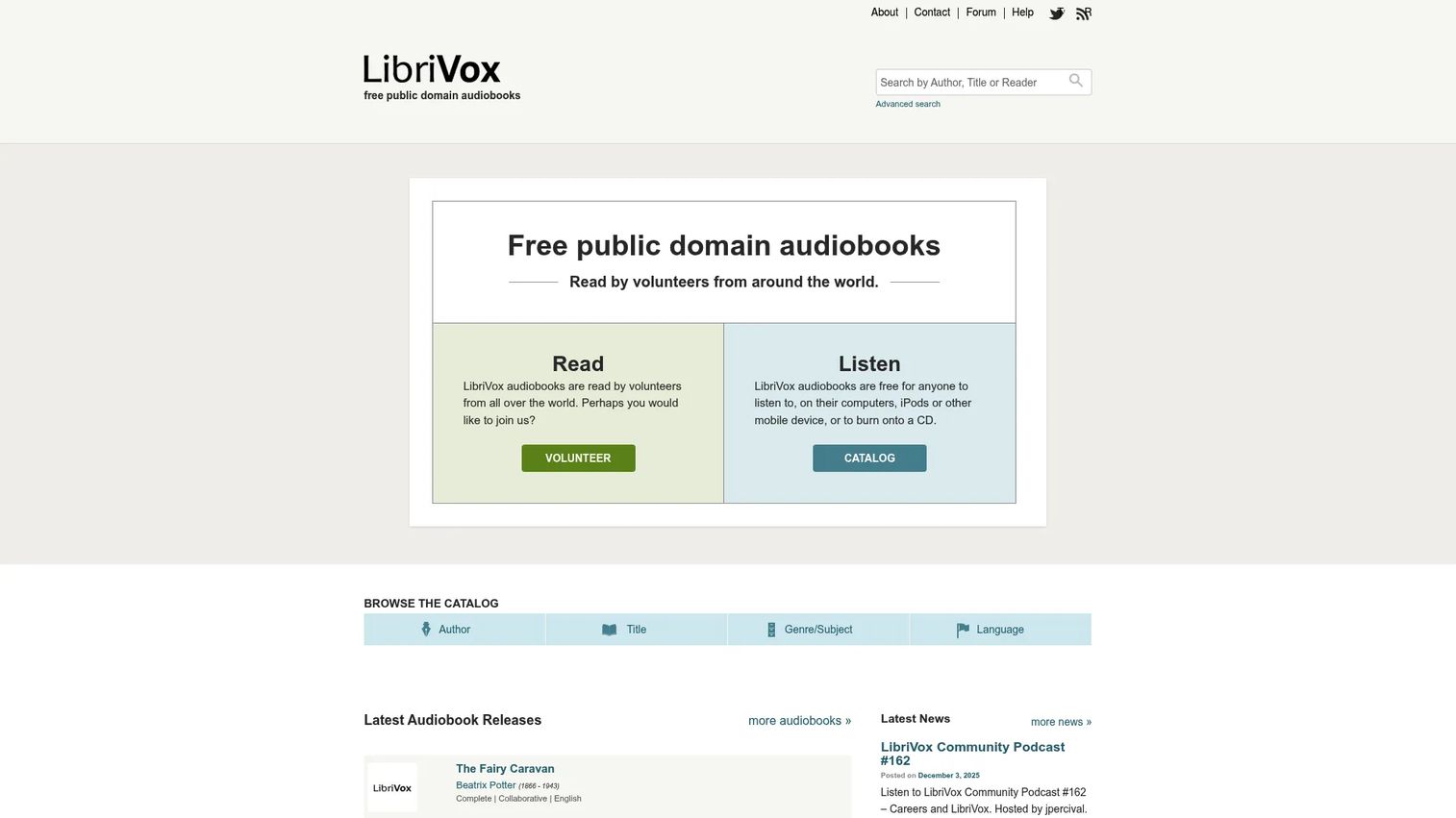 LibriVox homepage showing free public-domain audiobooks