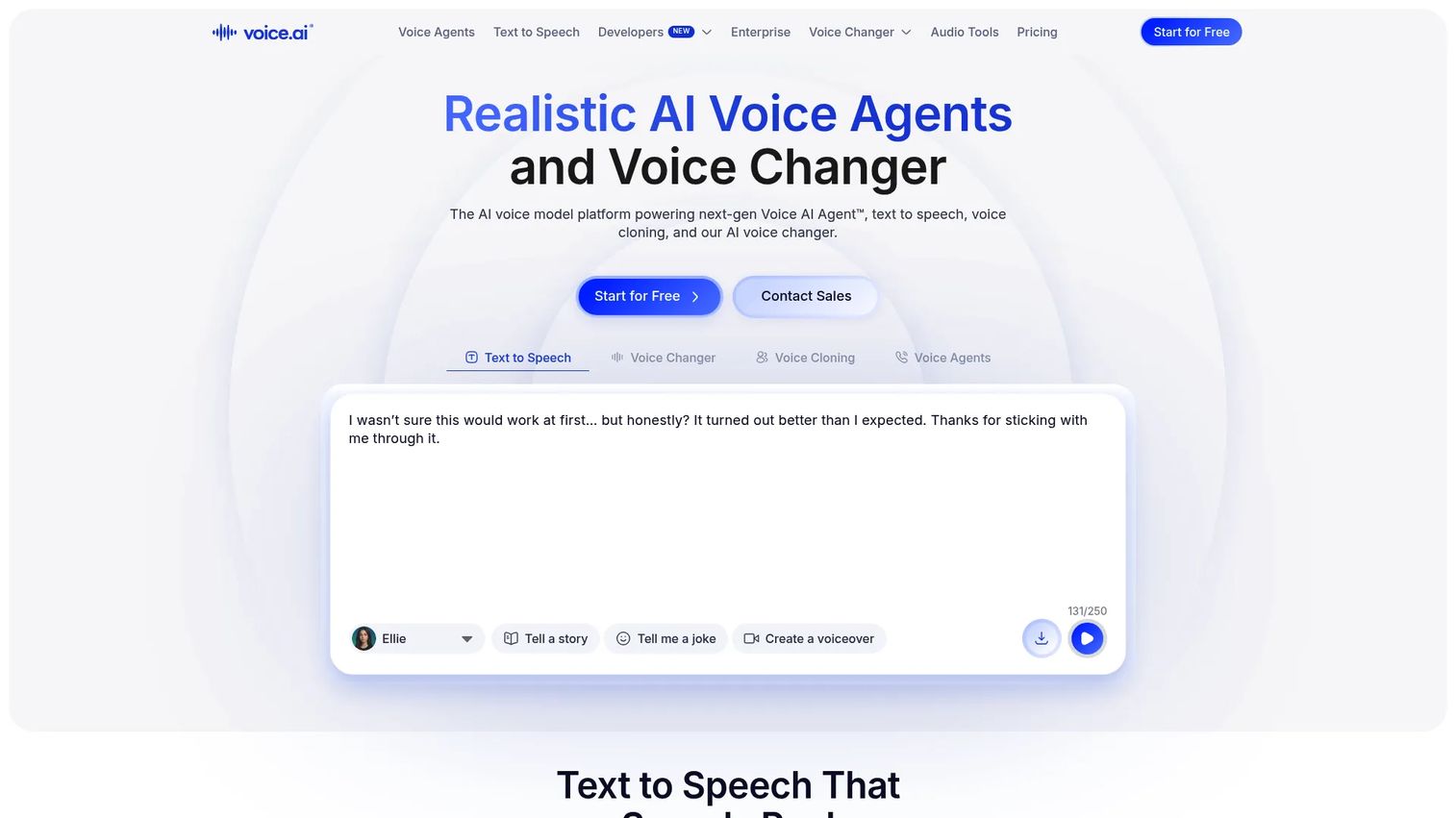 Voice.ai homepage showing AI voice changer and cloning interface