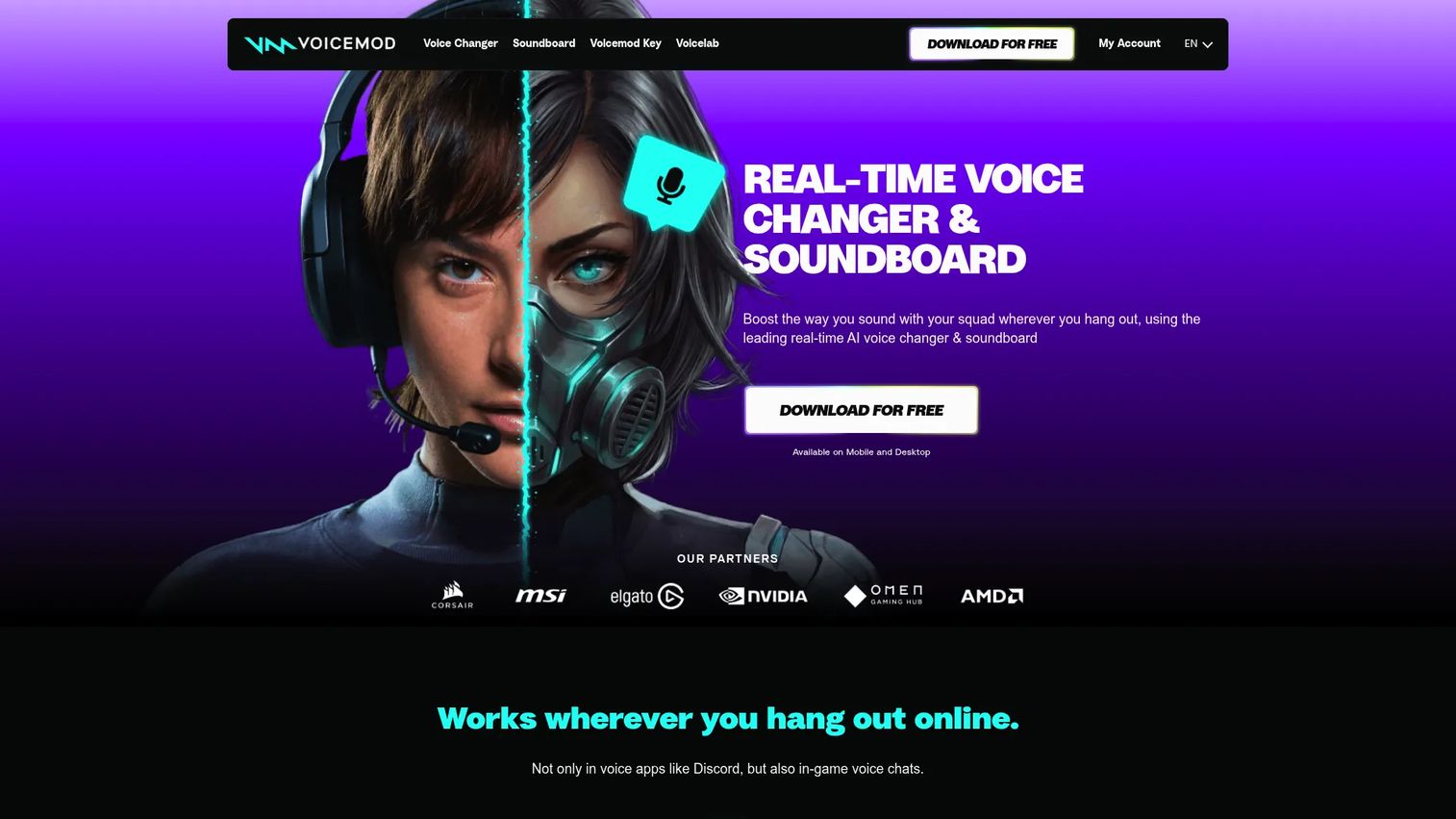 Voicemod homepage showing real-time voice changer and soundboard features