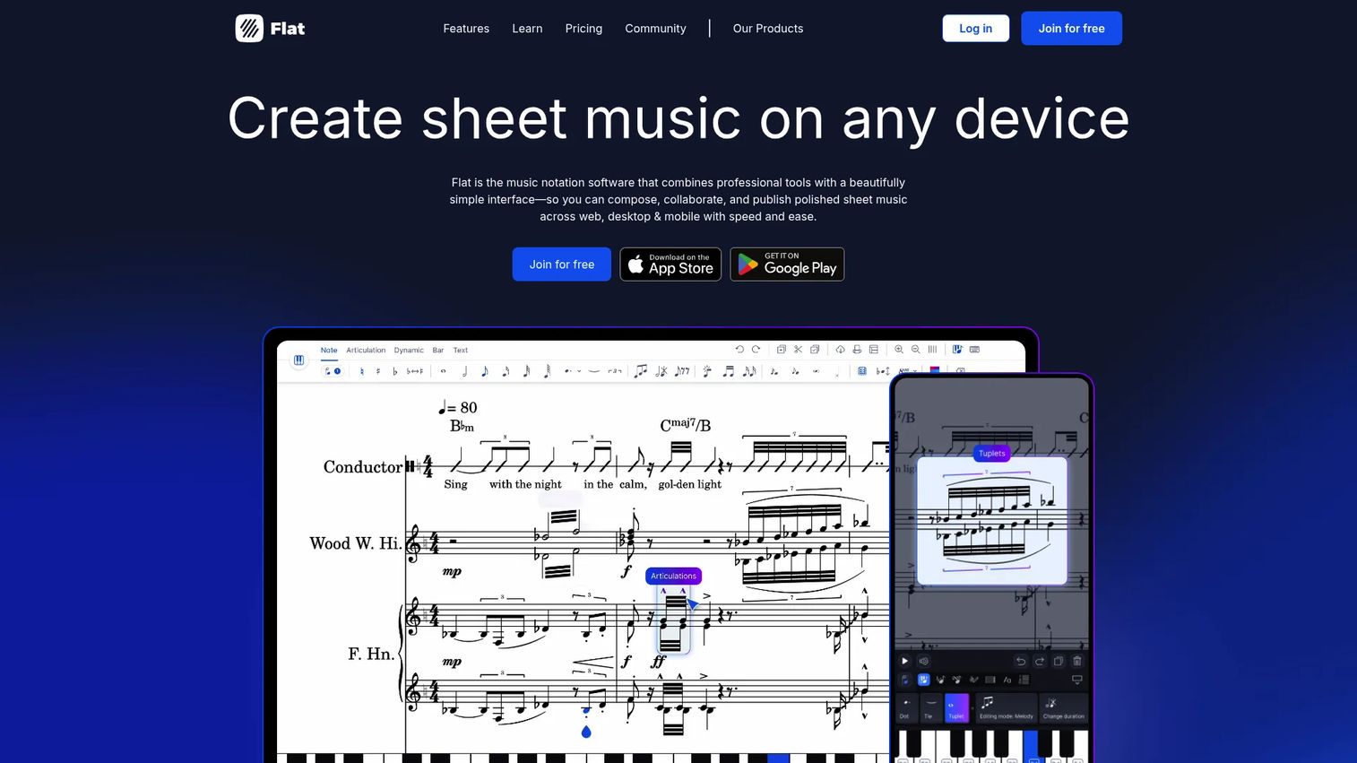 Flat online music notation software homepage showing browser-based score editing