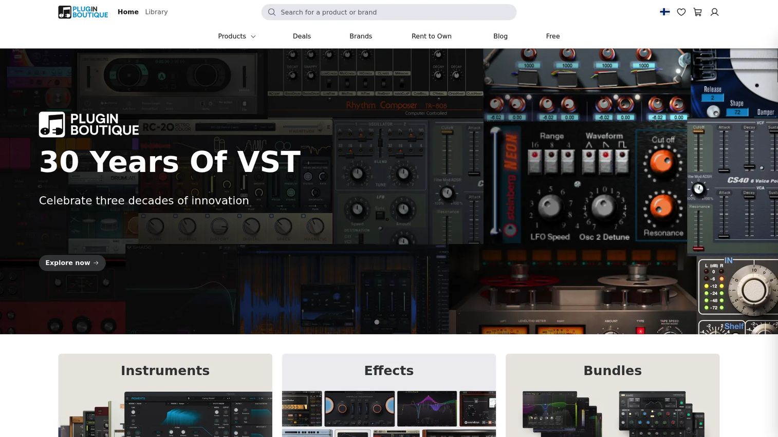 Plugin Boutique homepage showing plugin categories and featured brands