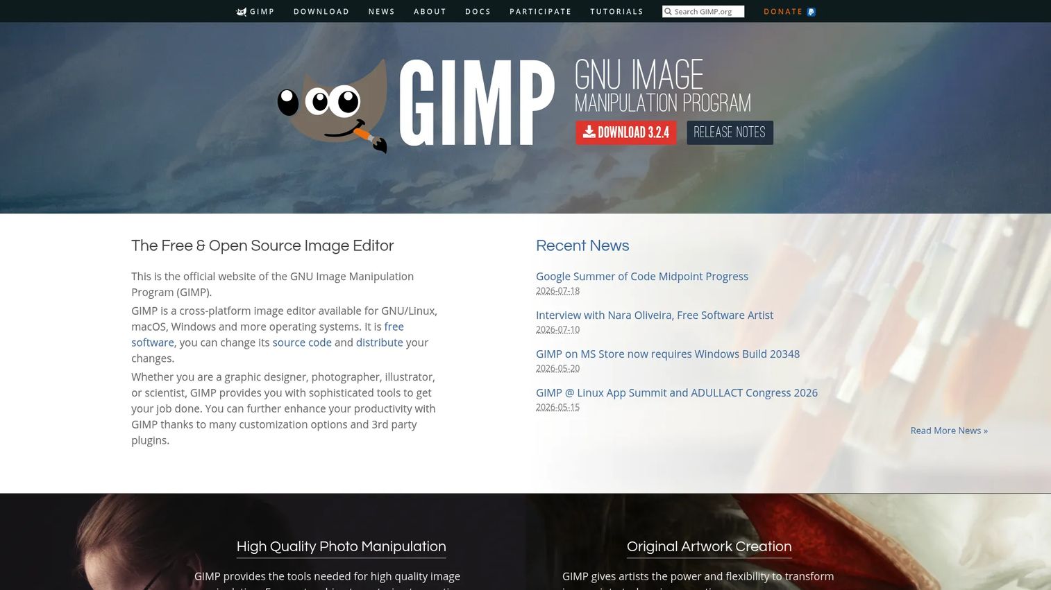 GIMP open-source image editor homepage