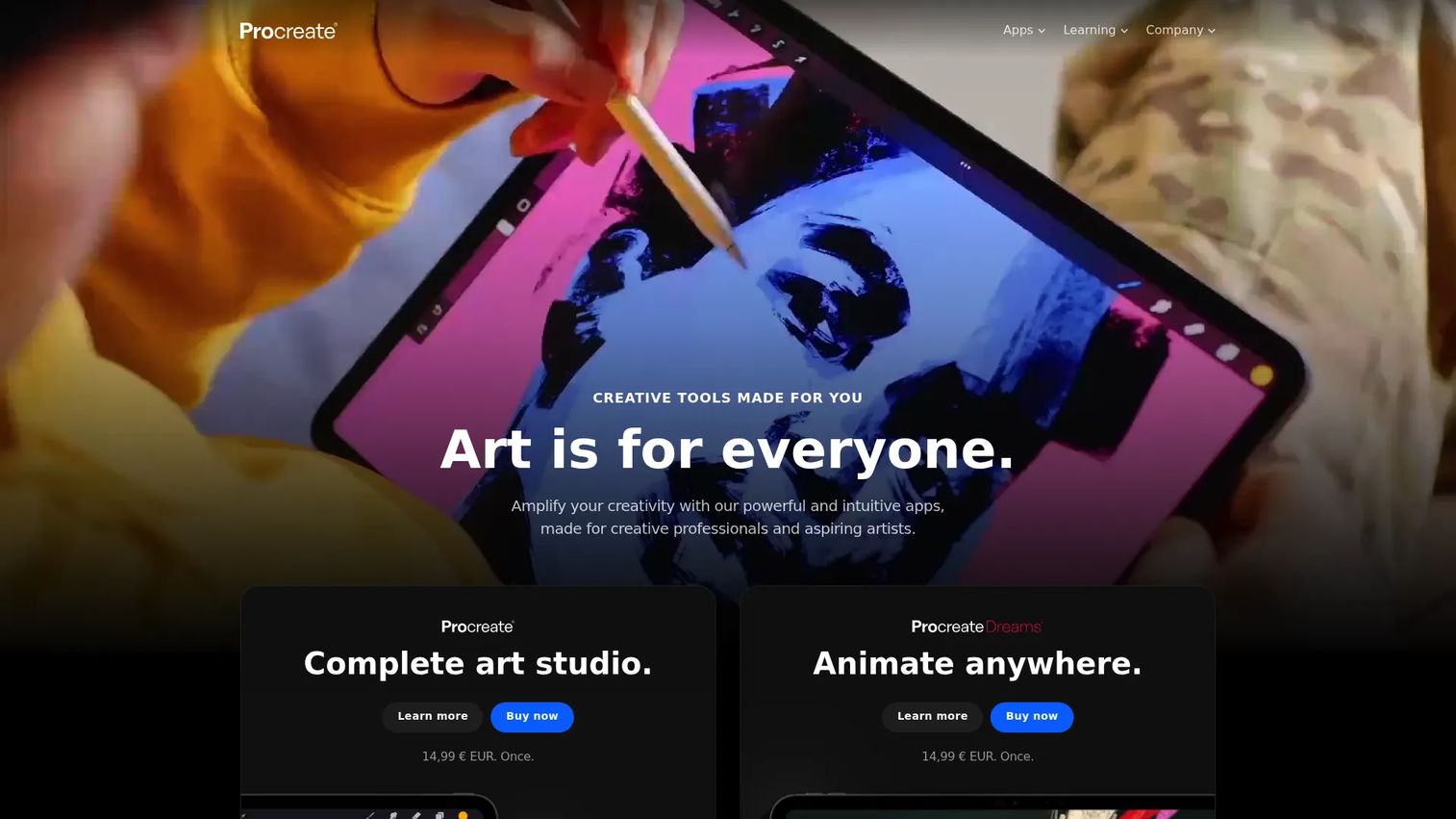 Procreate homepage showing iPad drawing and painting app