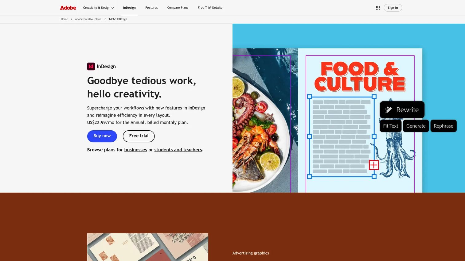 Adobe InDesign product page showing page layout and publishing software
