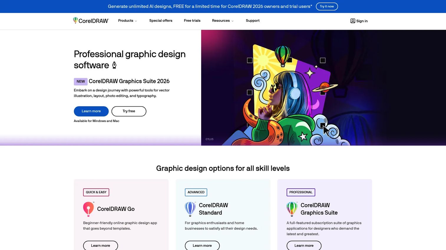 CorelDRAW graphic design suite homepage