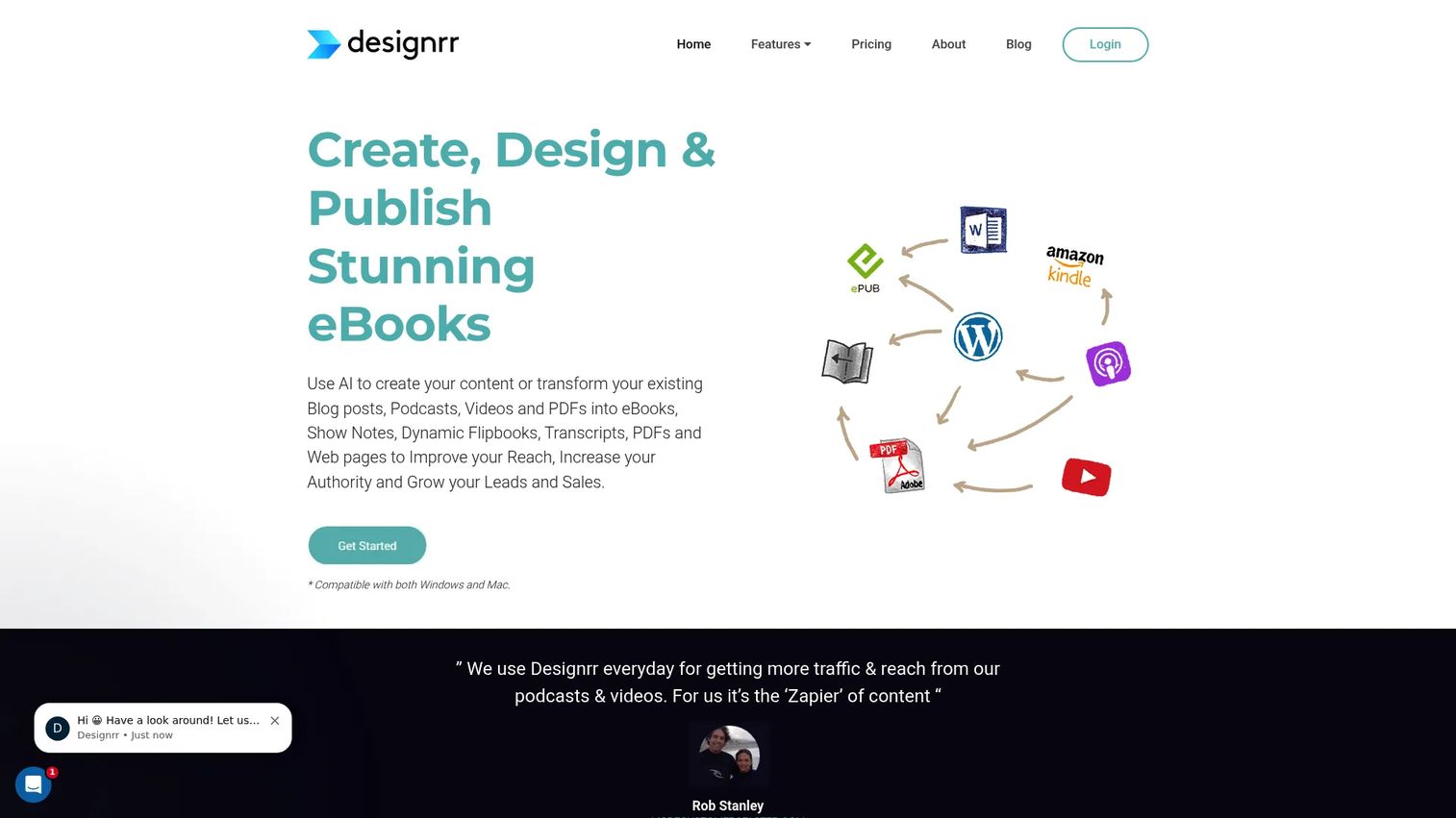 Designrr homepage showing content-to-ebook conversion workflow