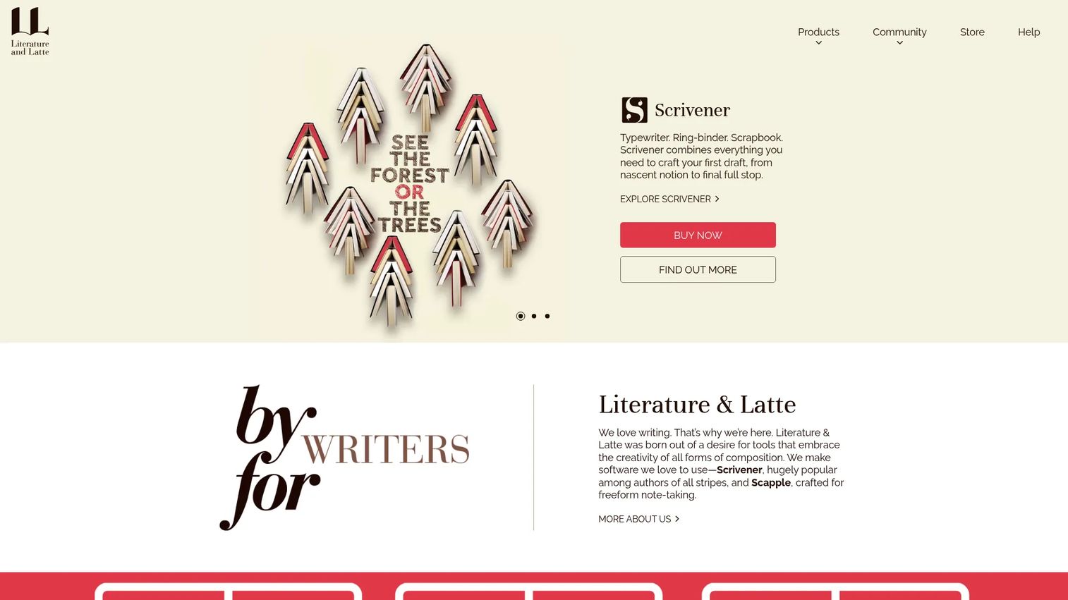 Scrivener homepage showing long-form writing and research software