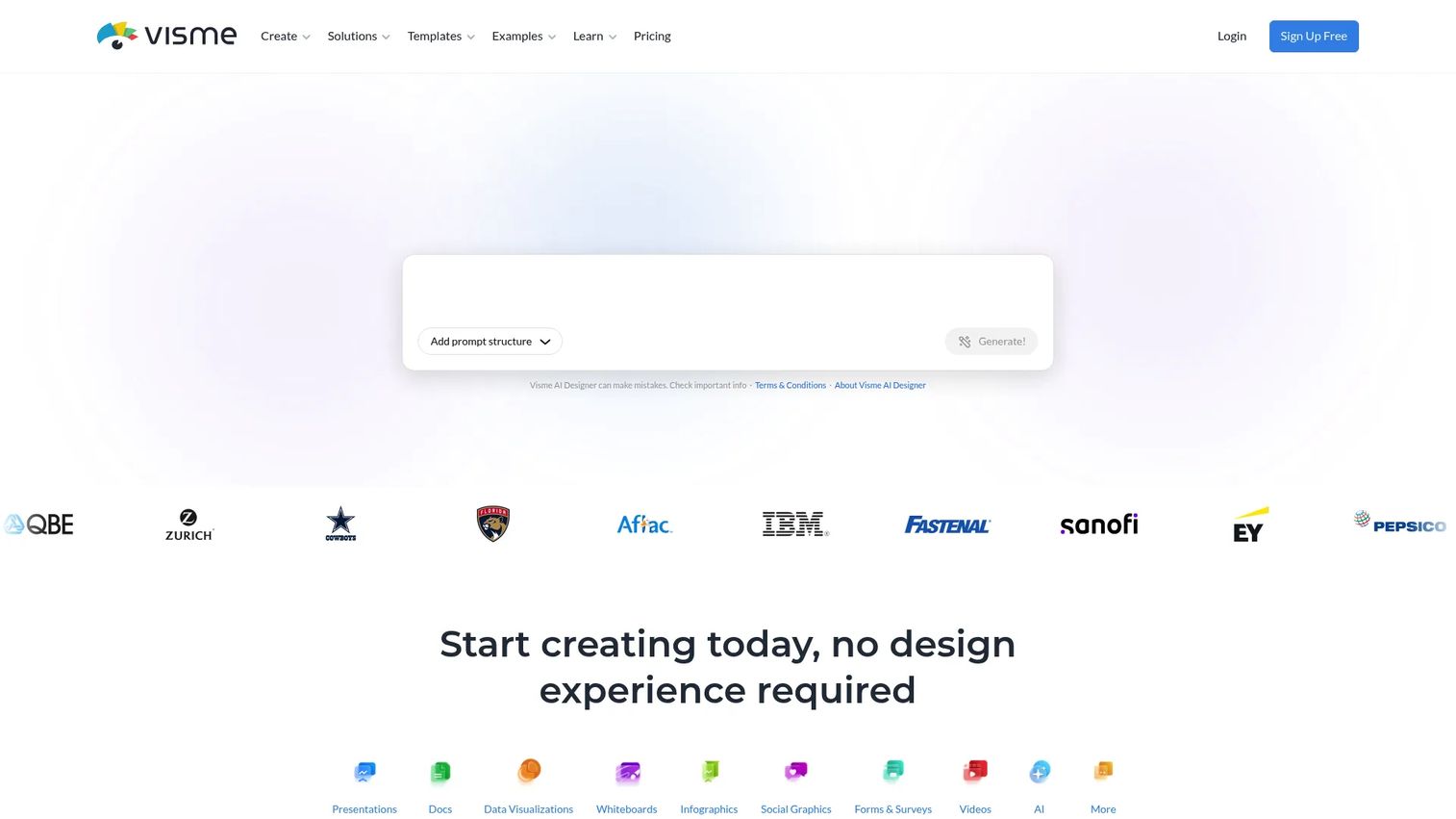 Visme homepage showing branded visual content and ebook creation