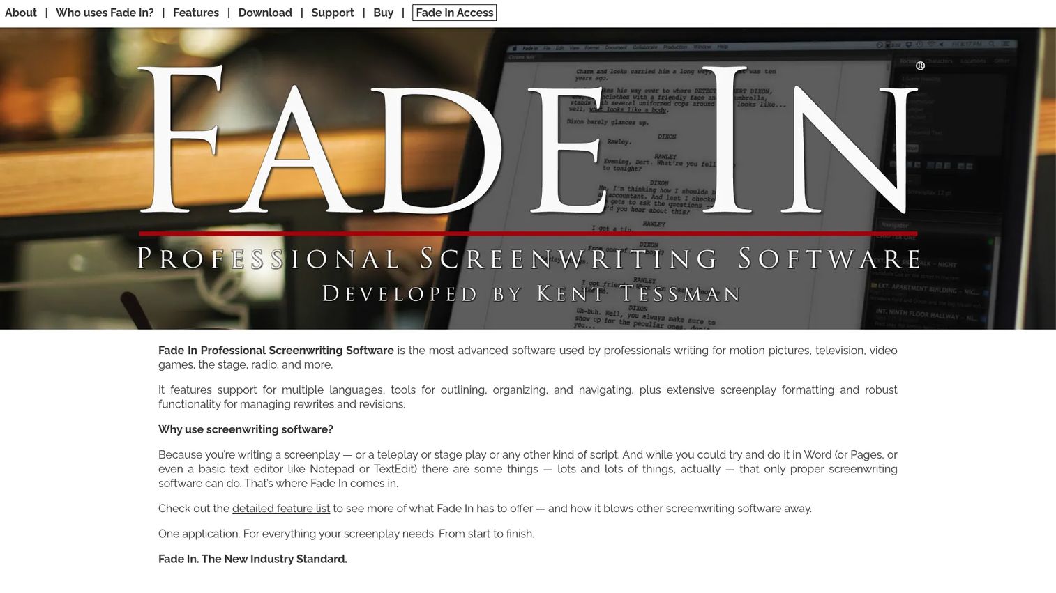 Fade In screenwriting software homepage
