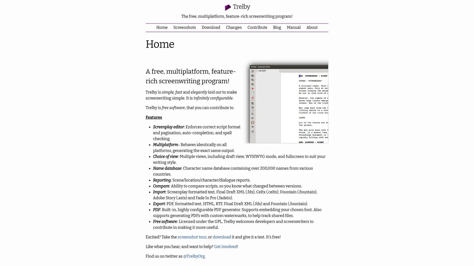 Trelby free screenwriting software homepage