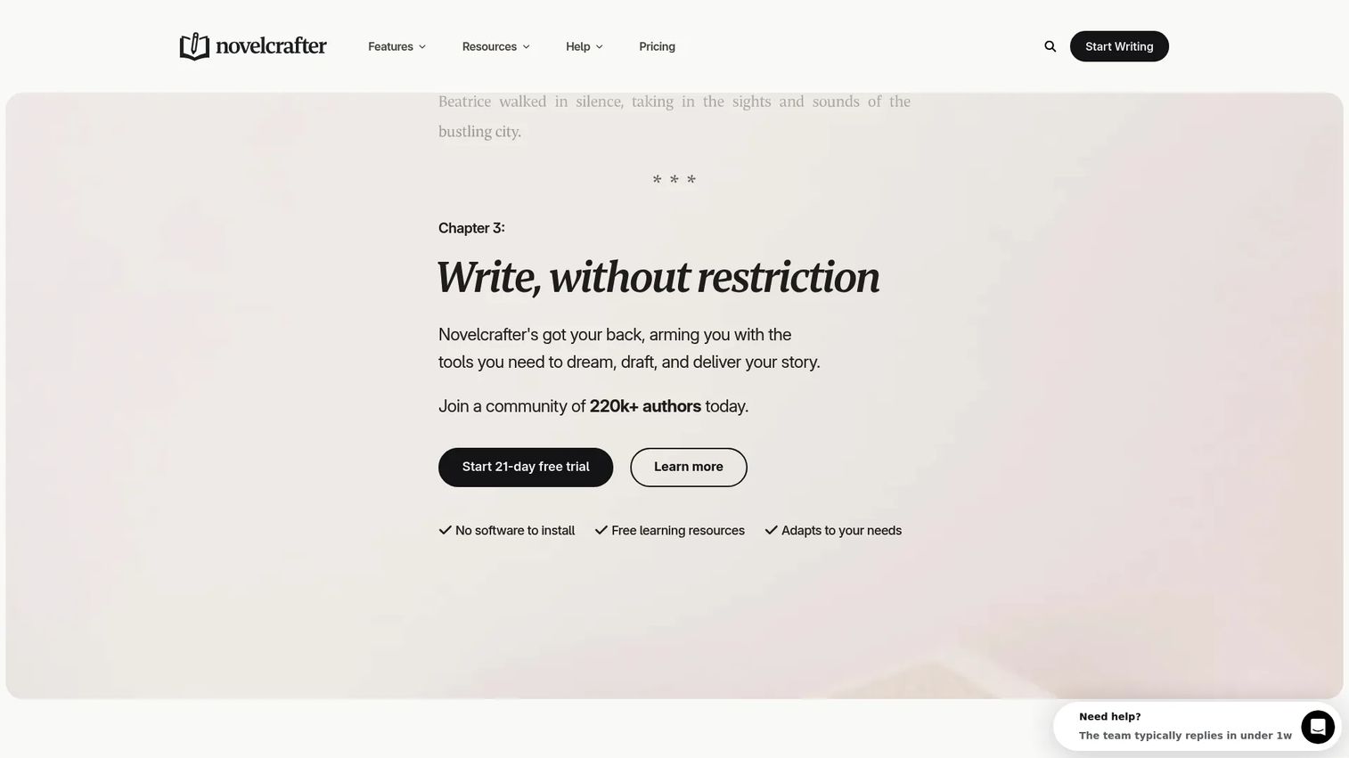 Novelcrafter web-based novel writing platform homepage