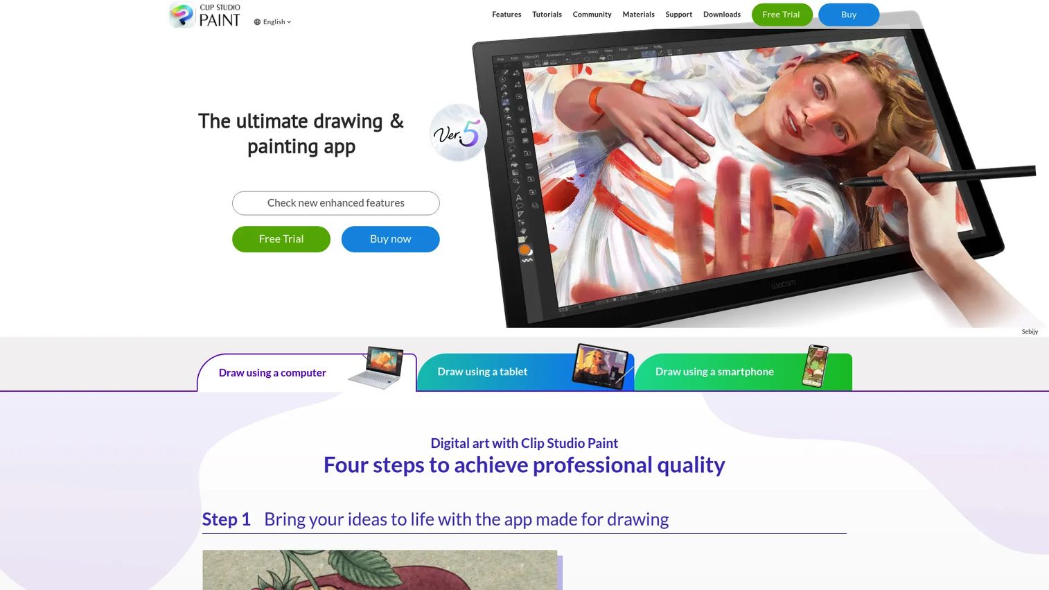 Clip Studio Paint homepage showing digital art and manga drawing features