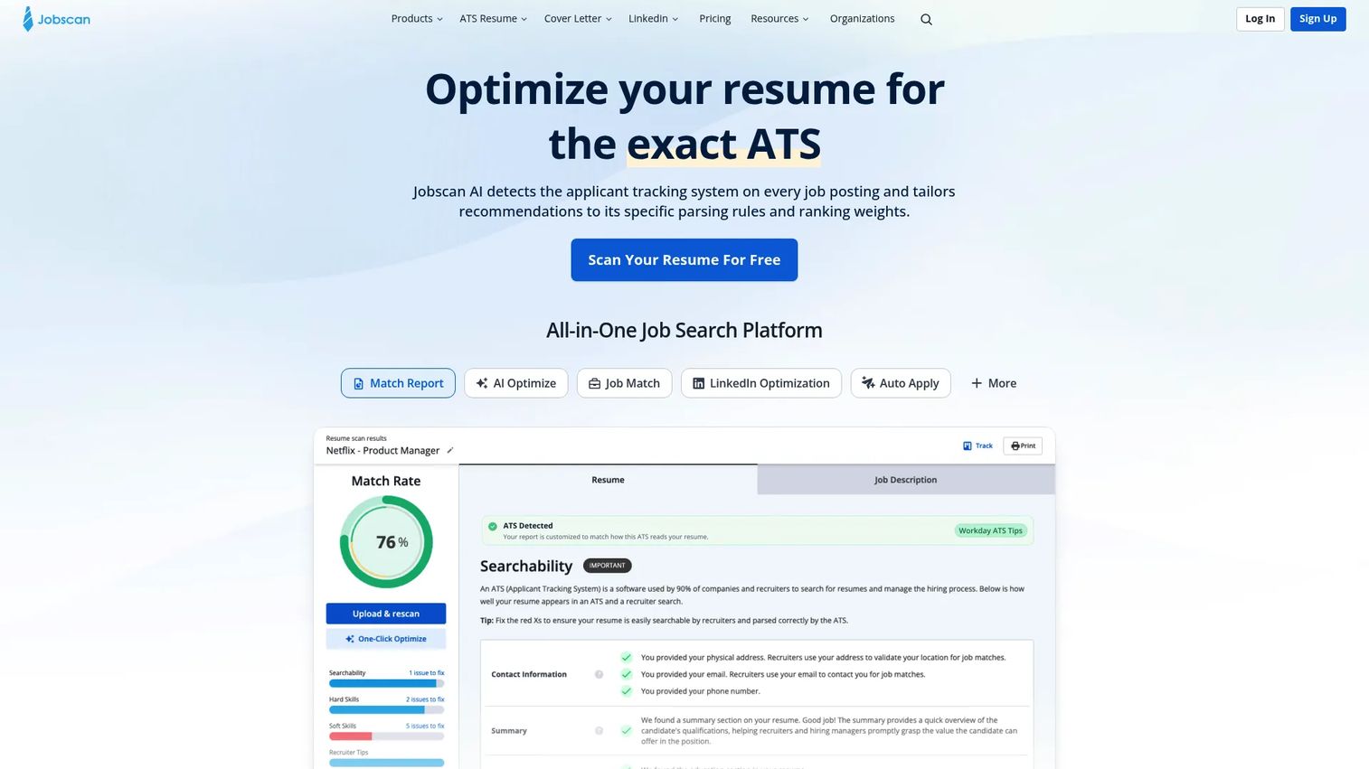 Jobscan resume optimization homepage