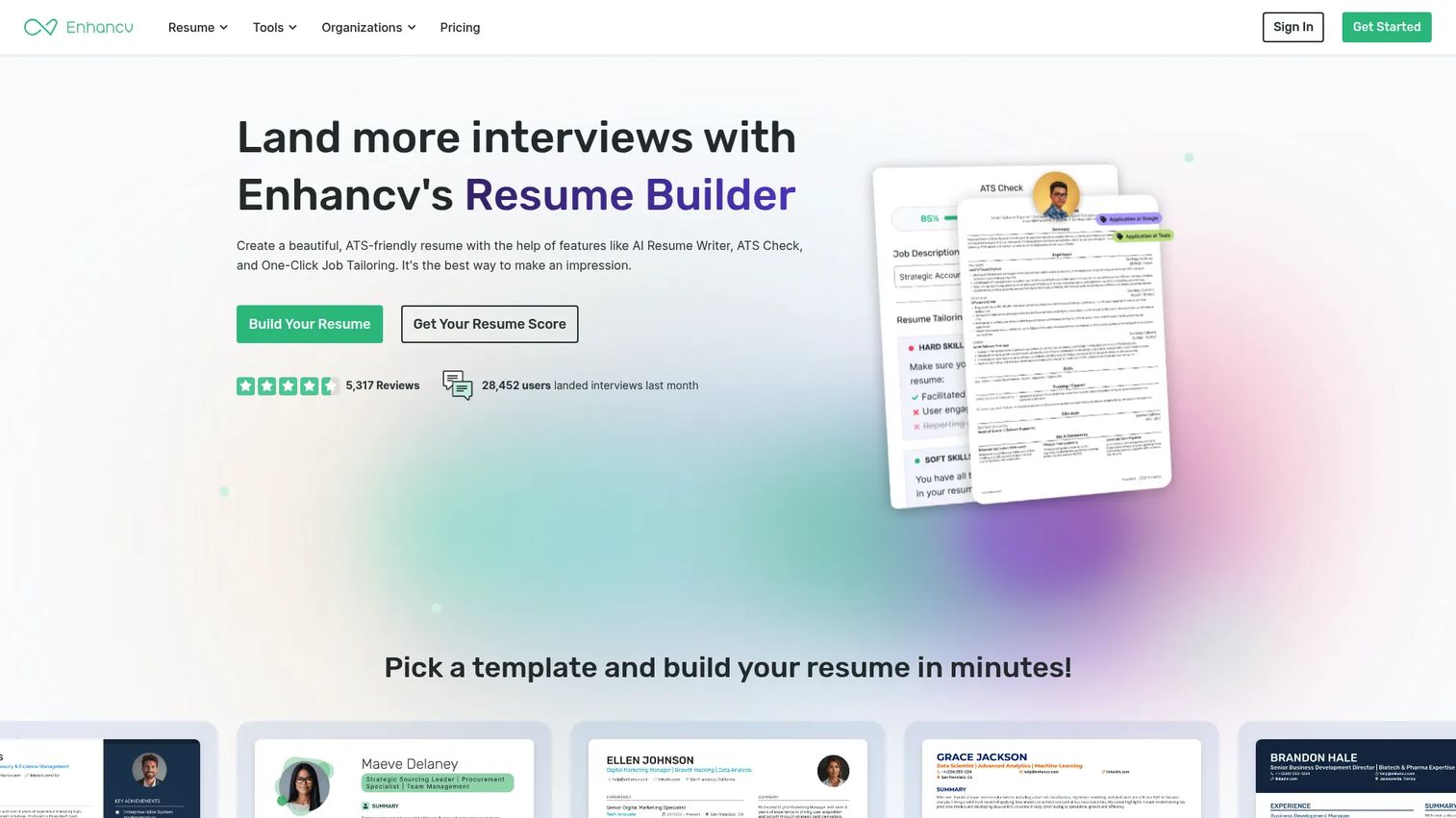 Enhancv resume builder homepage