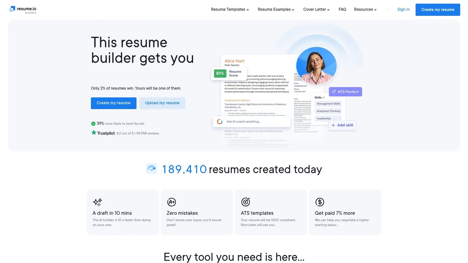 Resume.io builder homepage