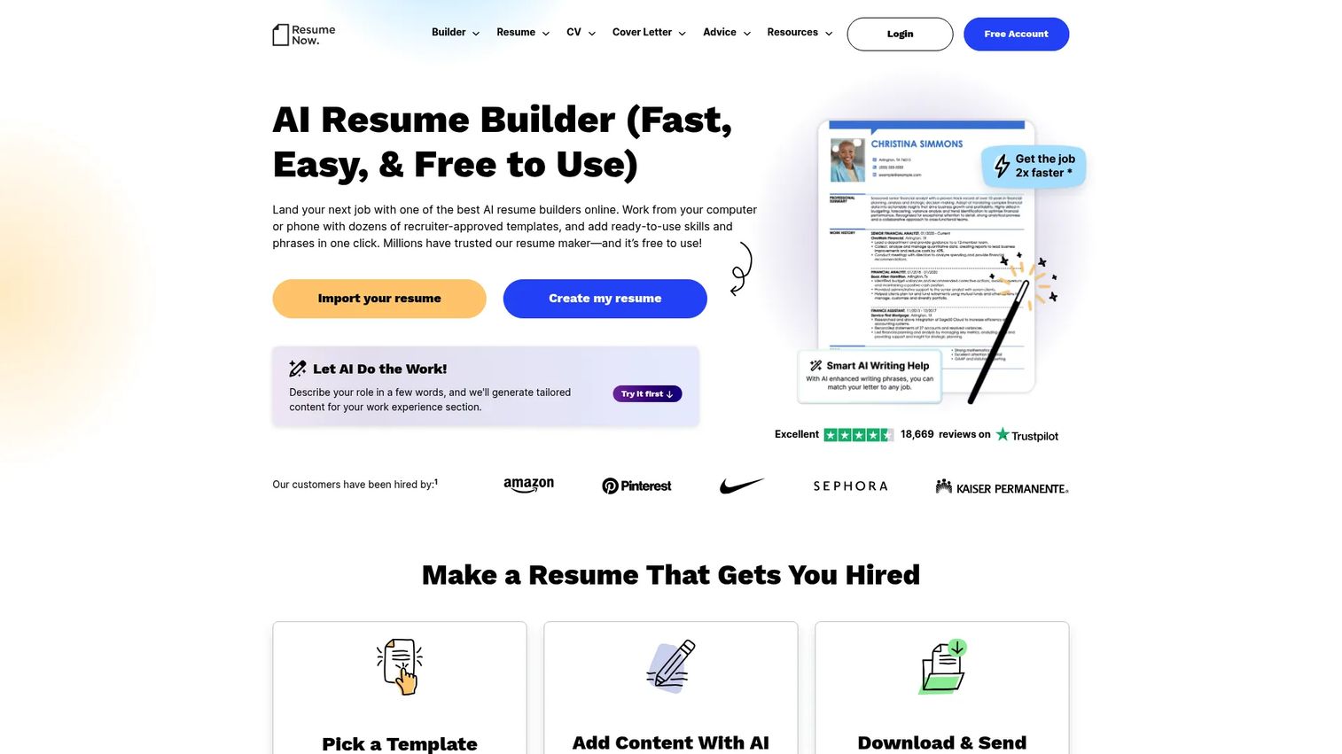 Resume Now builder homepage