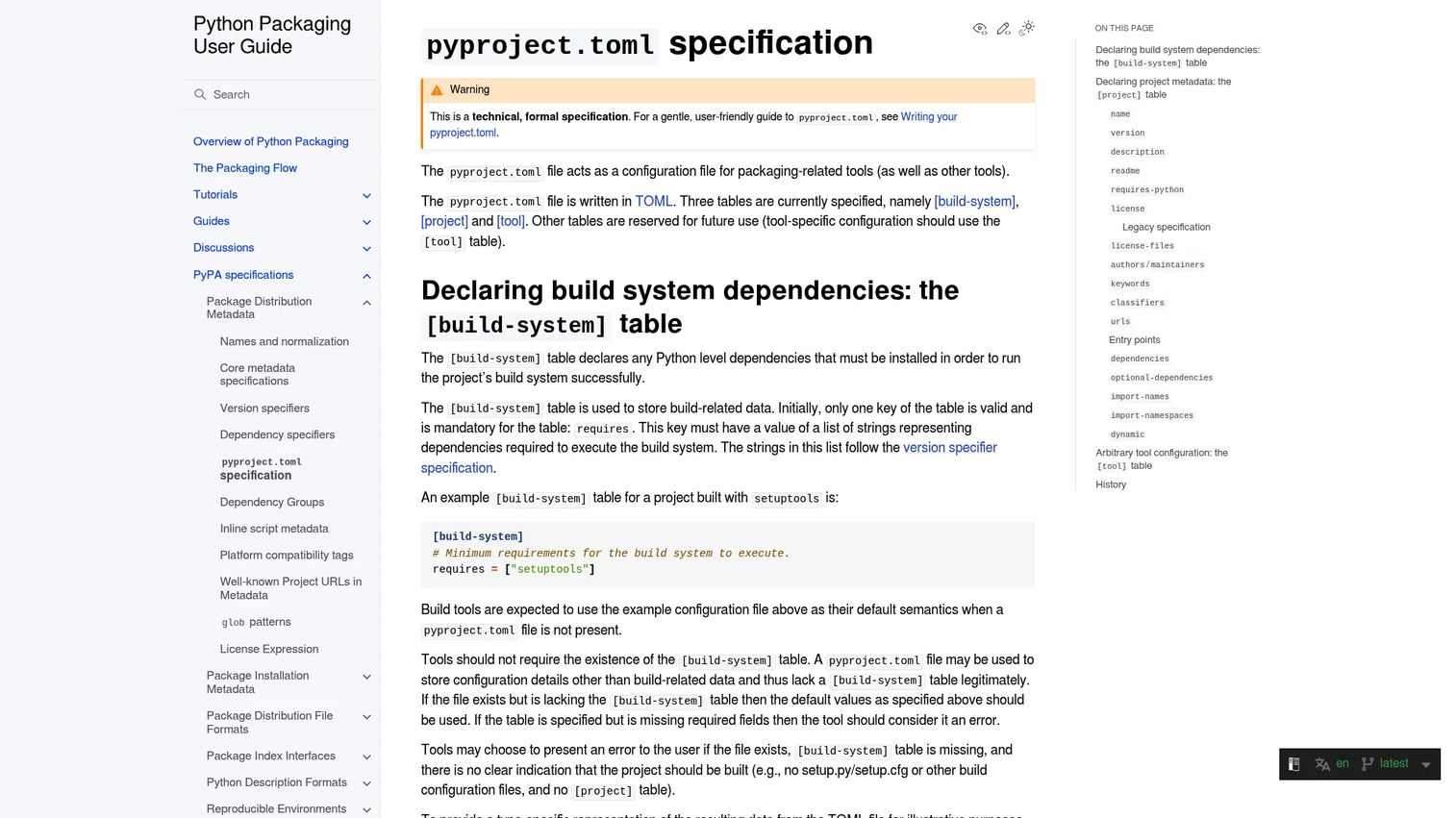 pyproject.toml Python packaging specification documentation