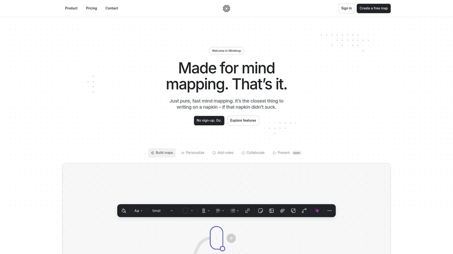 MindMup homepage showing lightweight online mind mapping and publishing