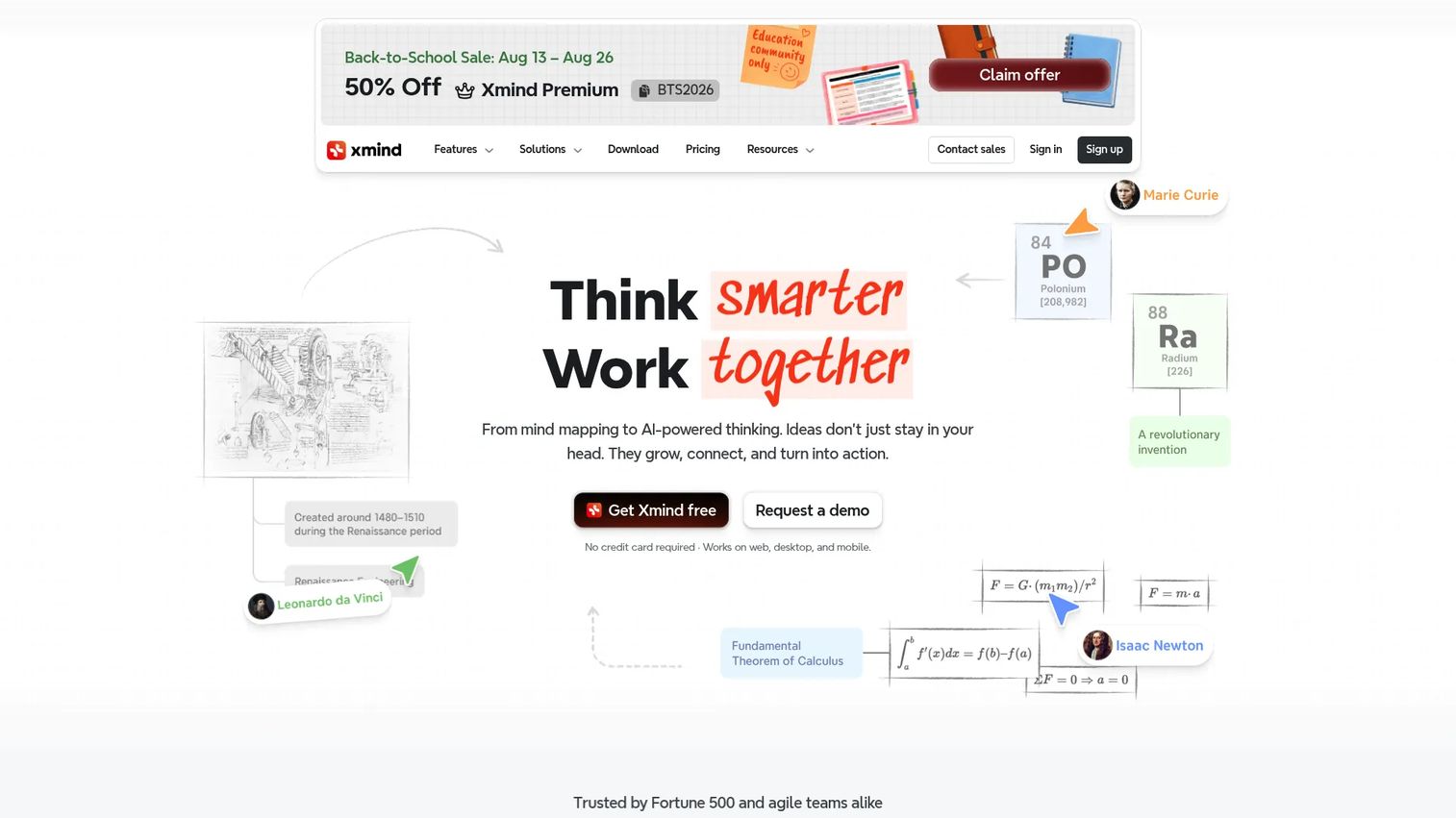 Xmind homepage showing AI-powered mind mapping and brainstorming software