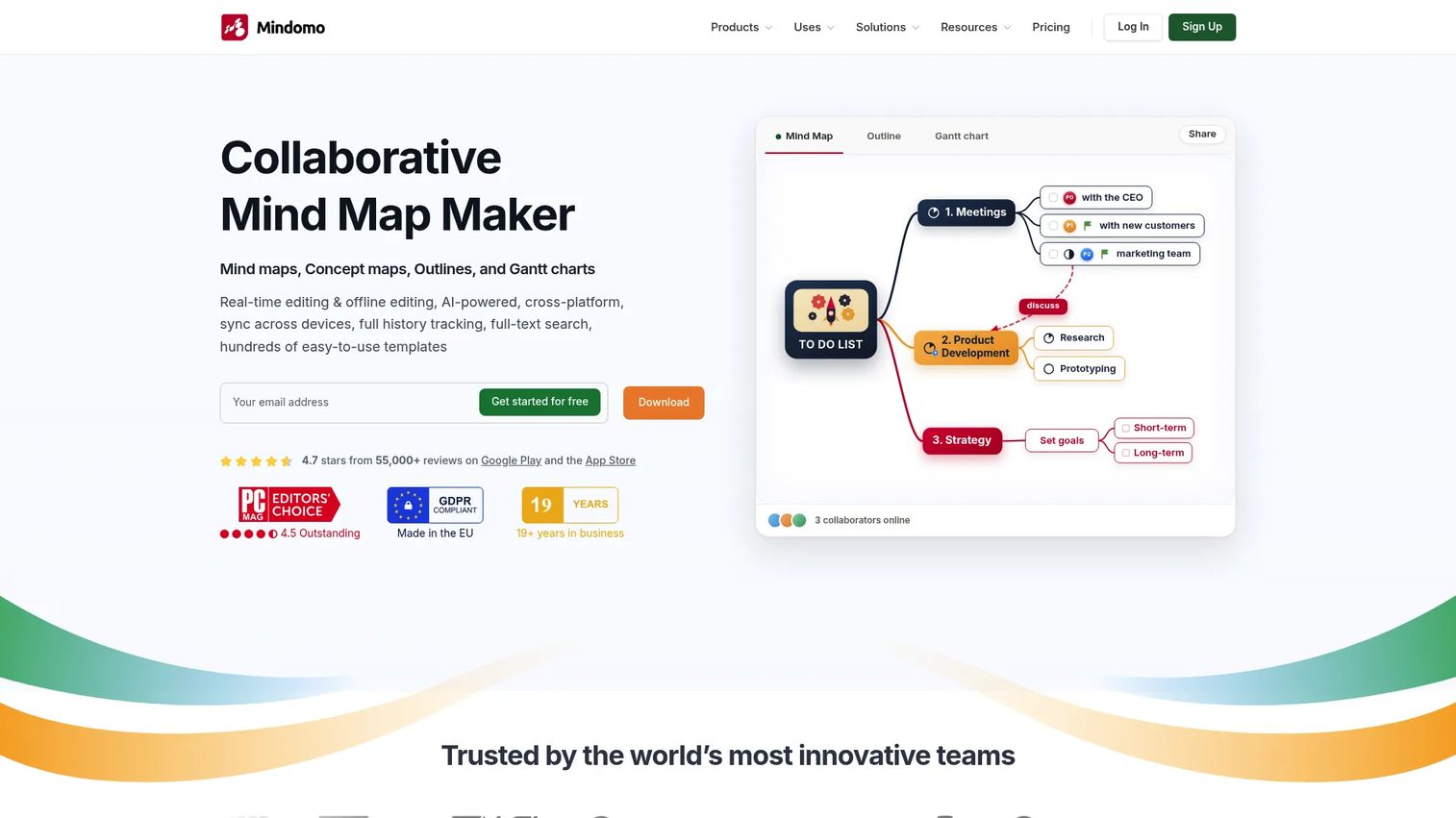 Mindomo homepage showing collaborative mind mapping and diagramming software
